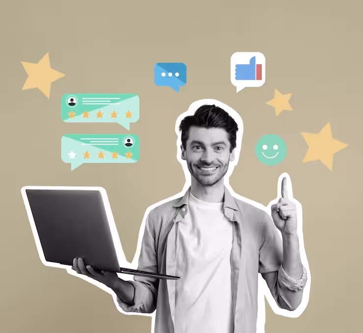 Smiling man holding a laptop surrounded by floating icons of customer reviews, ratings, and engagement symbols