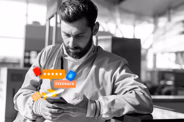 Male customer submitting feedback on mobile device about loyalty program experience, illustrating modern expectations and frustrations