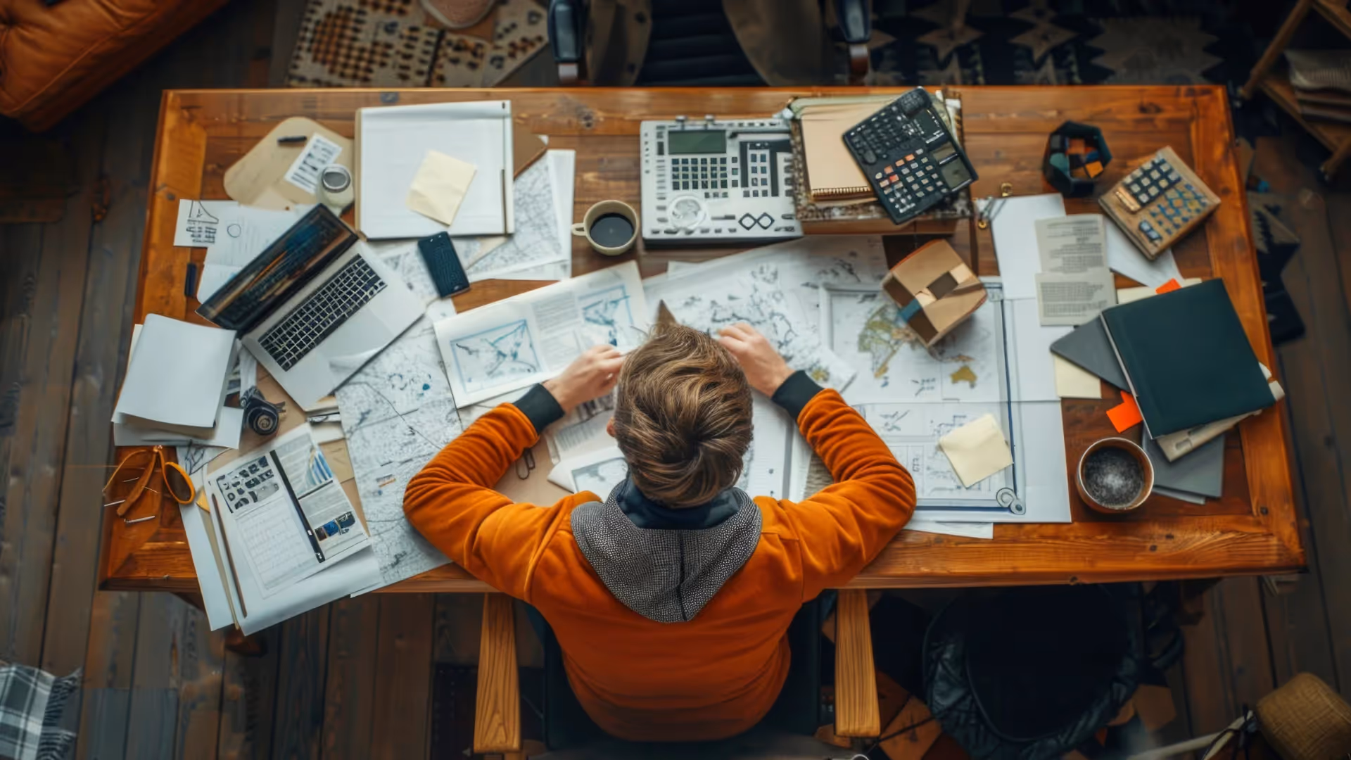 A small business owner planning a loyalty strategy at a desk, surrounded by documents, maps, and analytics tools