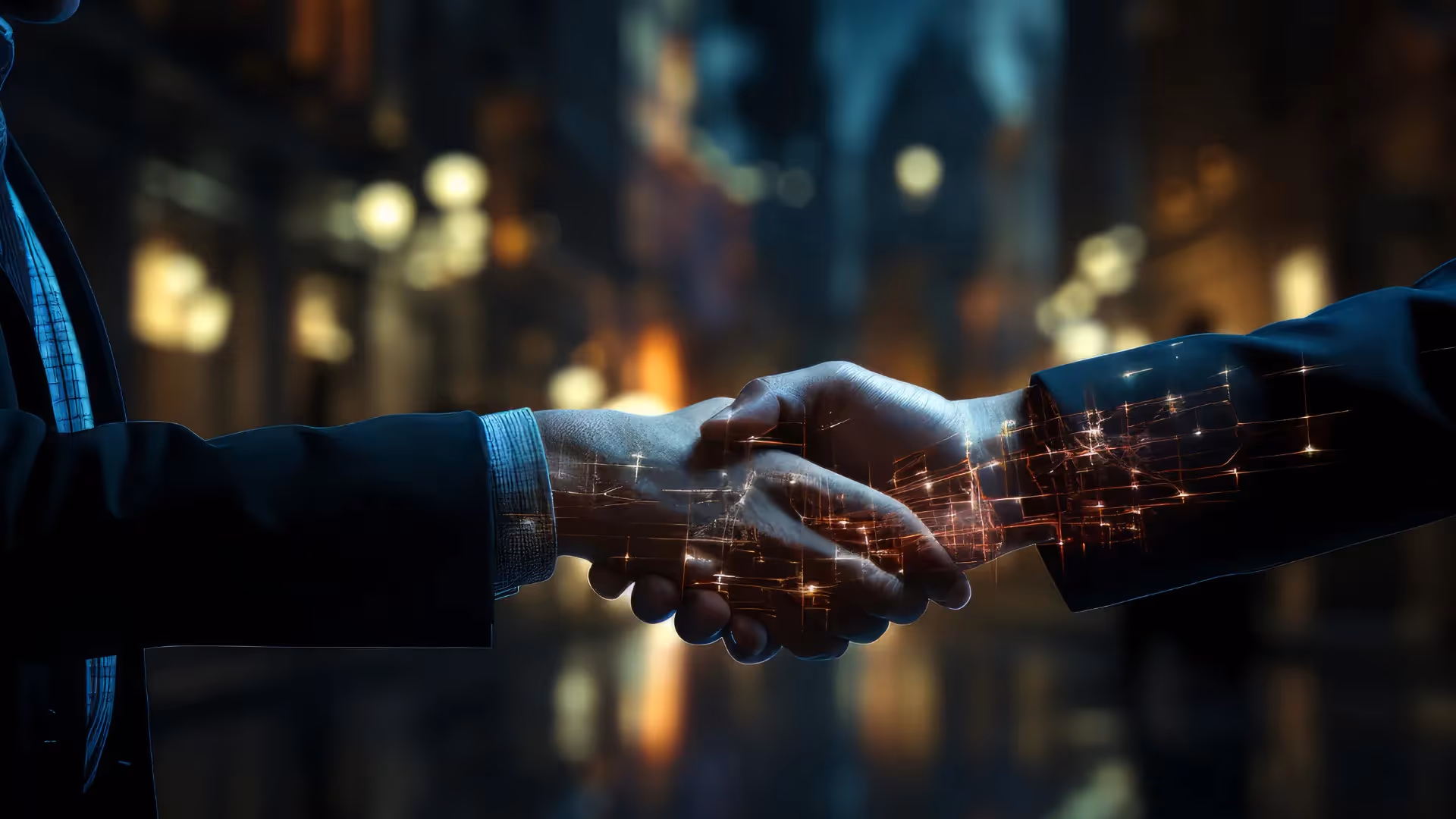 A close-up of a handshake between two professionals, with digital elements symbolizing technology and loyalty integration in eCommerce.