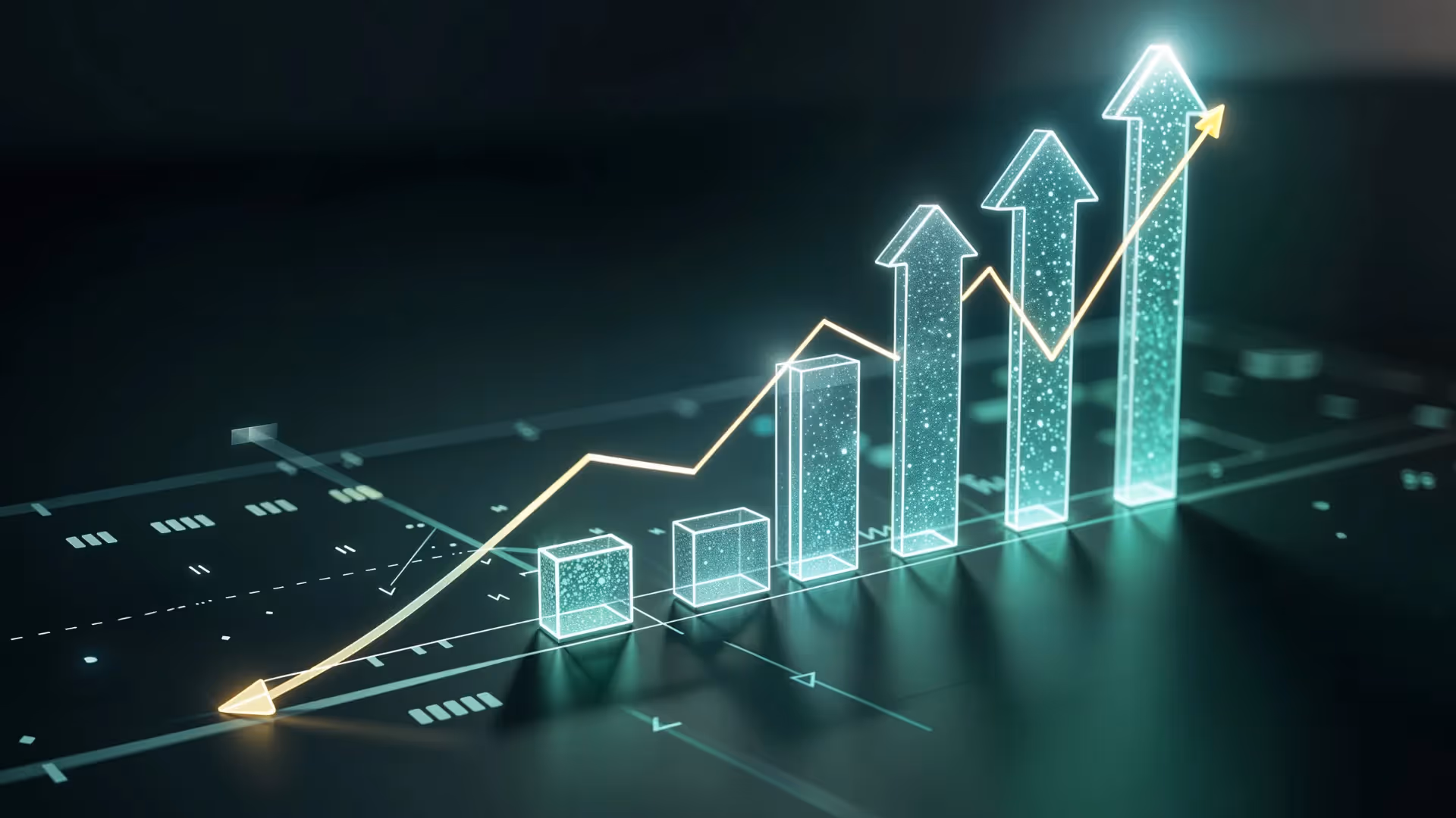 Futuristic 3D bar chart with upward arrows showing growth in customer loyalty and sales performance.
