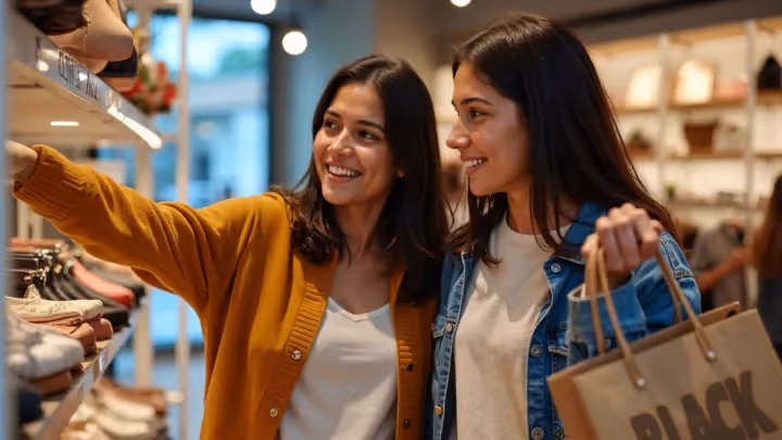 Two smiling women shopping in a boutique, showcasing customer engagement and brand loyalty in a small business setting.
