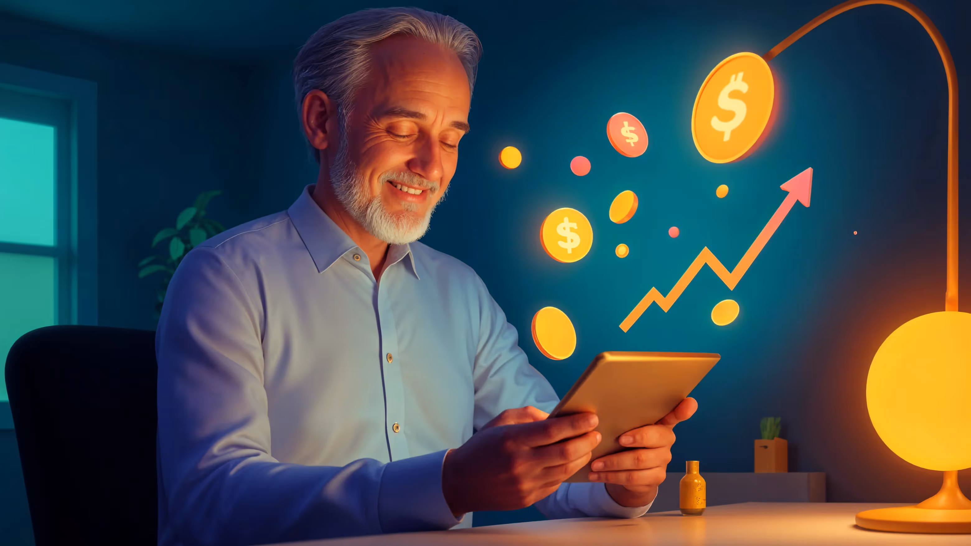 Smiling business owner using a digital tablet to track customer rewards and loyalty program growth.