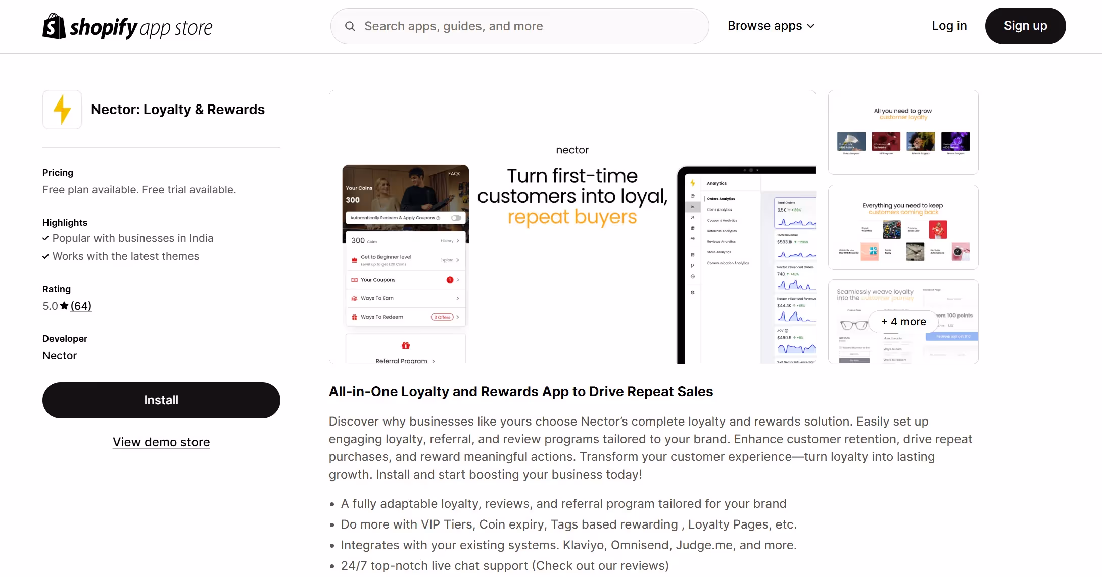 Shopify App Store listing for Nector: Loyalty & Rewards, highlighting tools for customer retention, loyalty programs, and repeat sales automation.