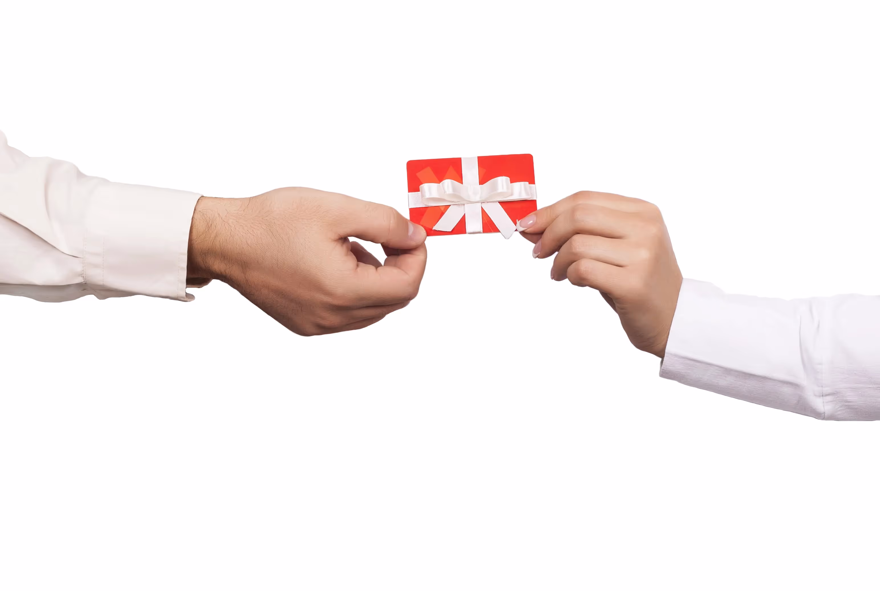 Two people exchanging a red loyalty card wrapped with a white ribbon