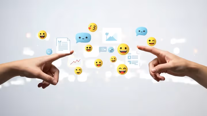 Two hands pointing at floating emojis and feedback icons, symbolizing customer engagement and emotional loyalty through digital platforms.