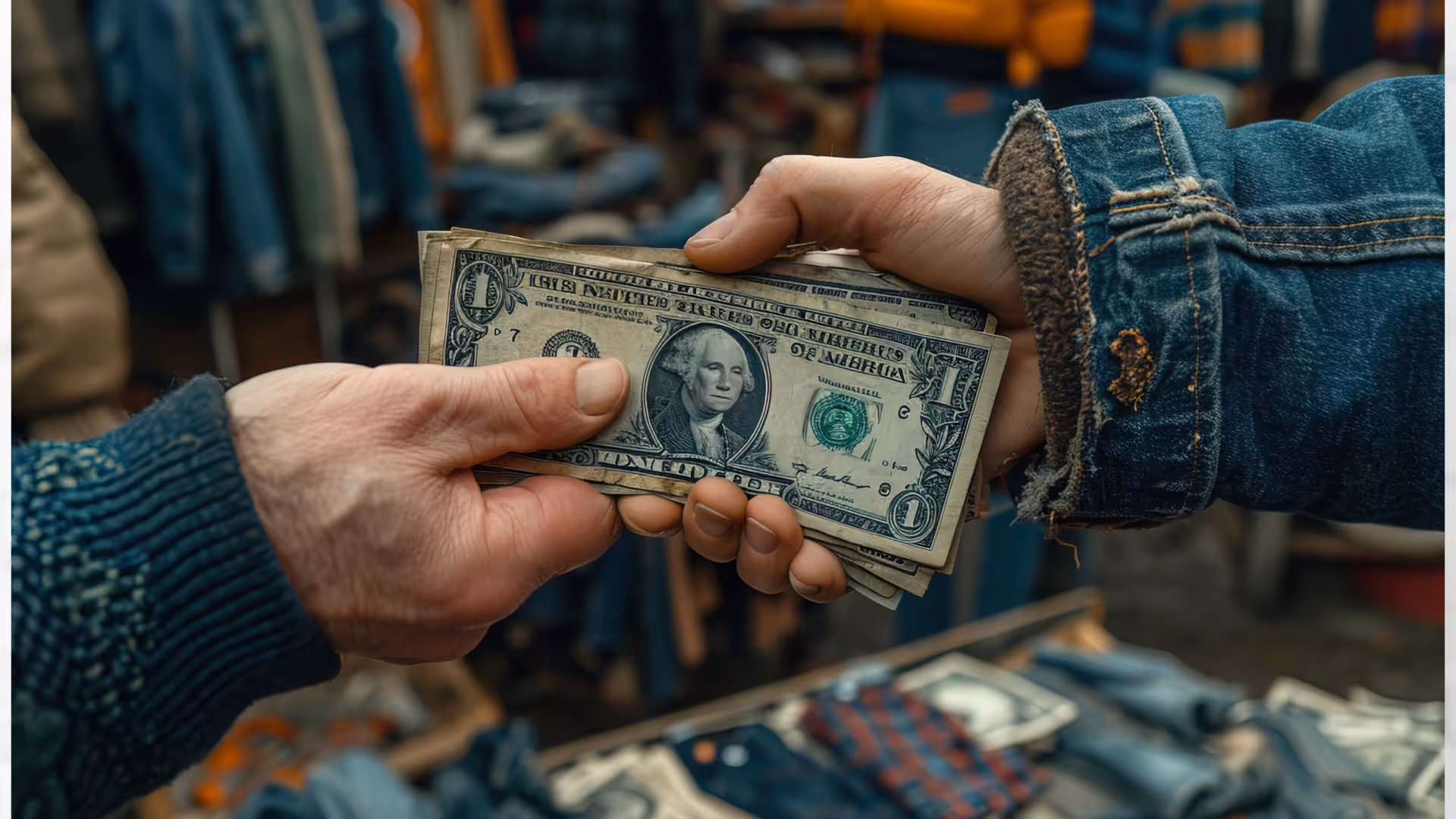  Two people exchanging US dollar bills in a marketplace, representing instant cashback in a loyalty program.