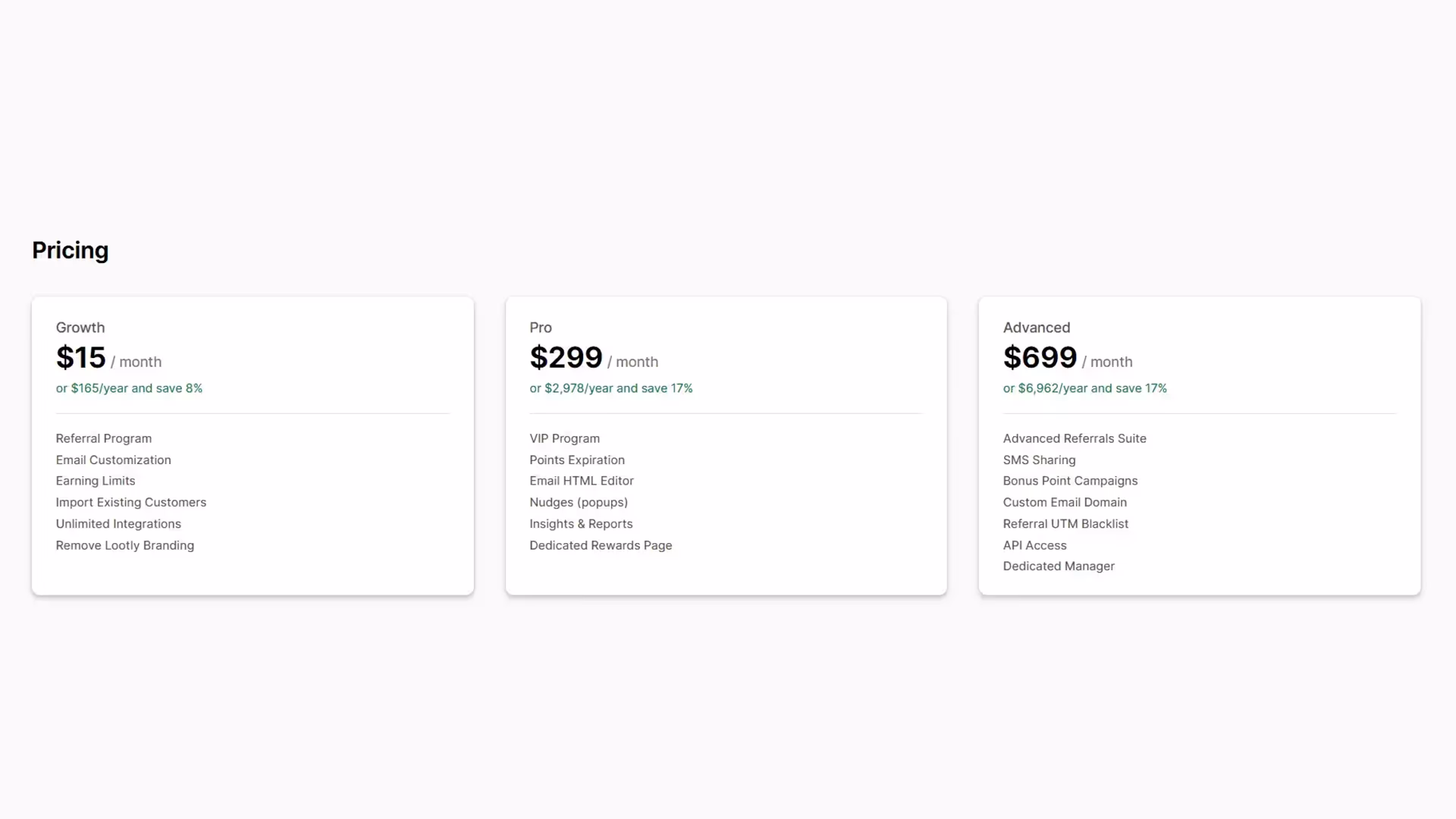 Lootly pricing showing Growth, Pro, and Advanced plans with features like referral programs, advanced customization, and VIP managemen