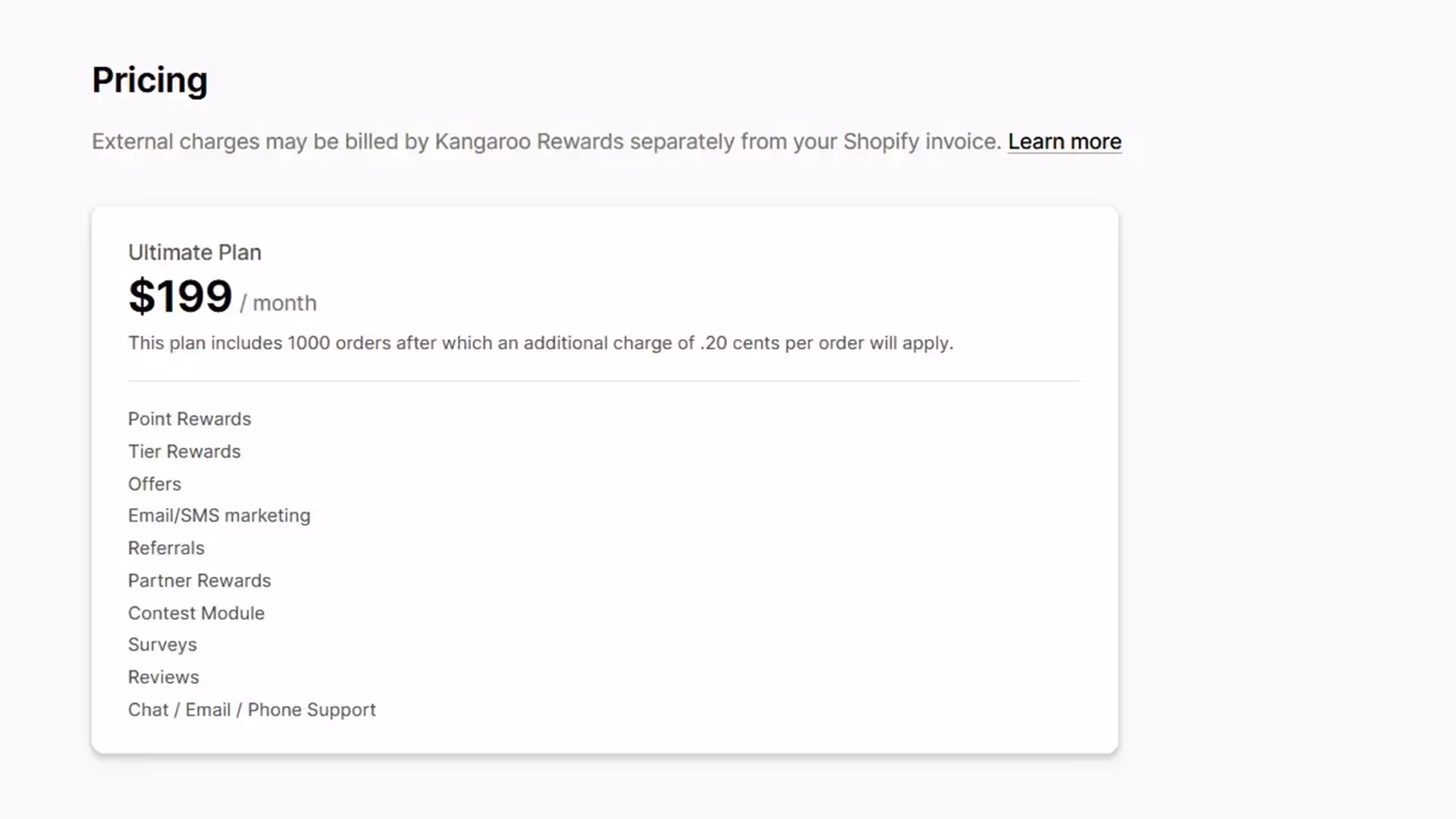 Kangaroo Rewards Ultimate Plan pricing showing features like point rewards, tier rewards, email/SMS marketing, and referrals at $199/month
