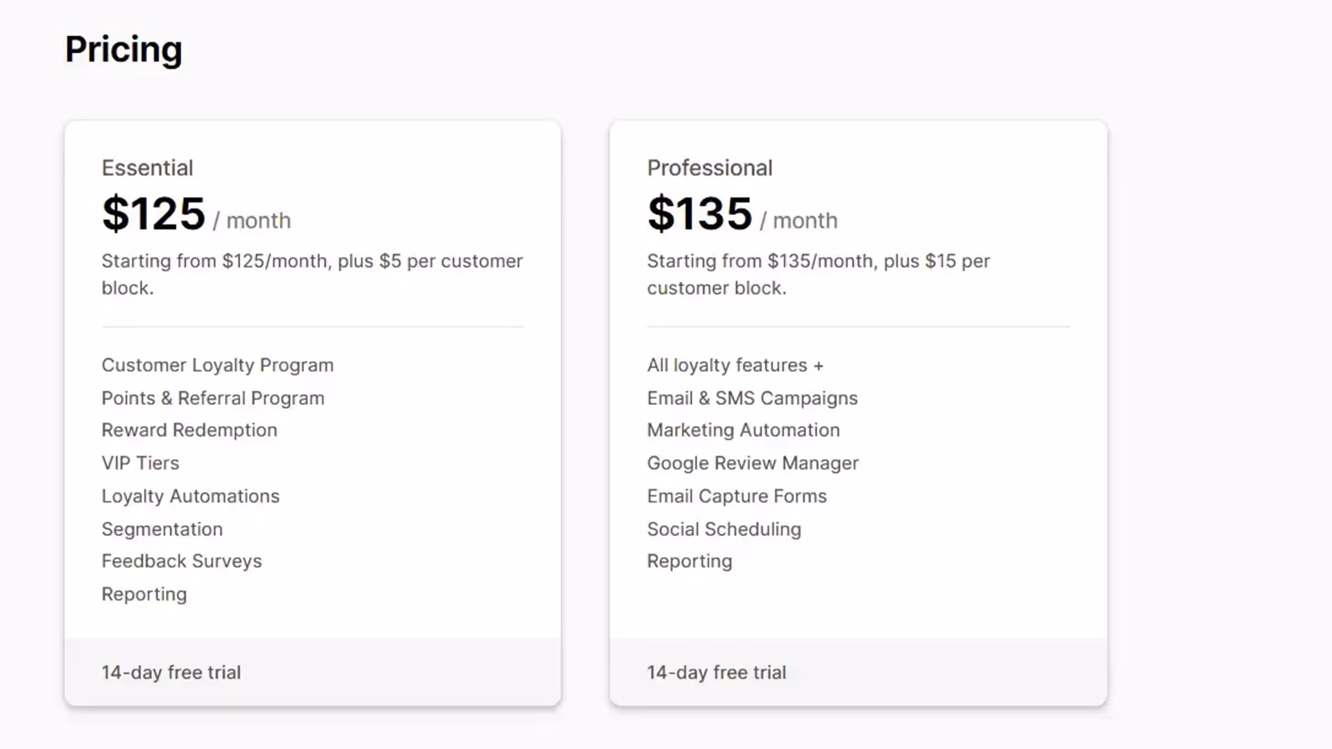 Marsello pricing tiers for Essential and Professional plans including customer loyalty, segmentation, marketing automation, and reporting"