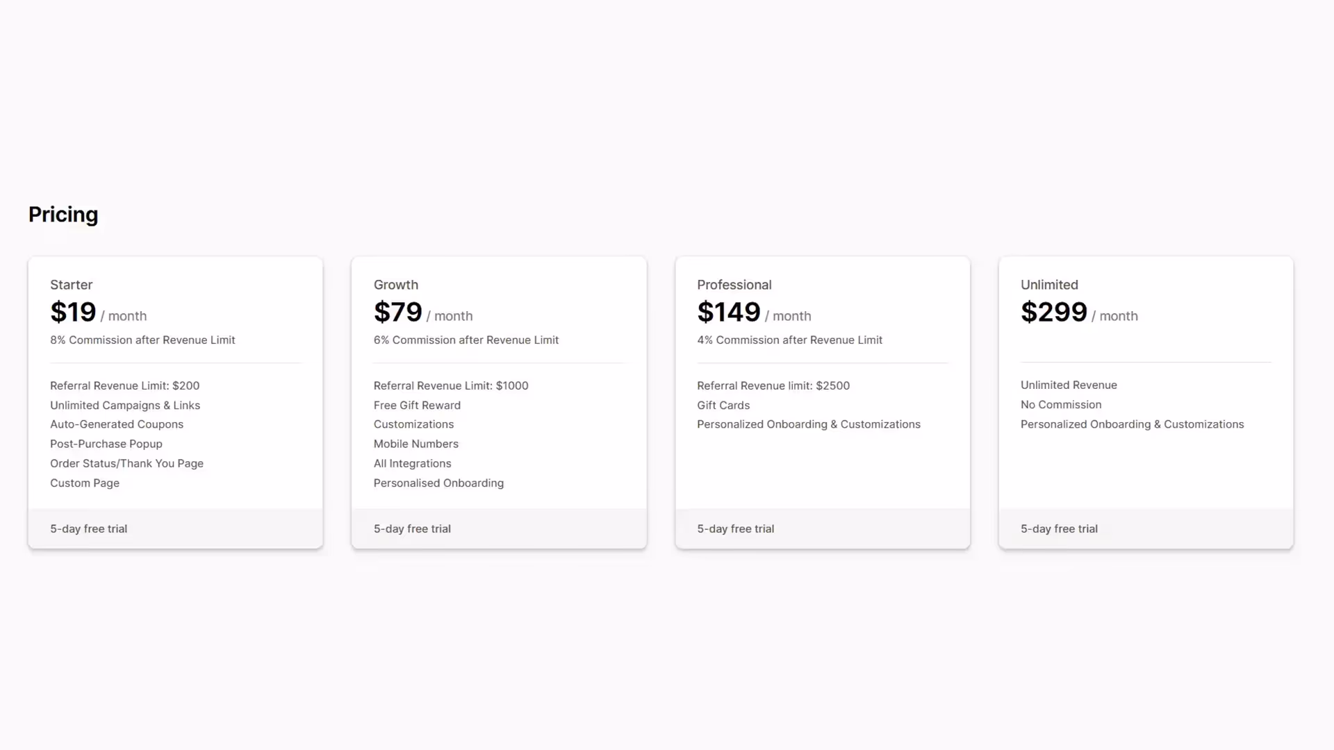 Gameball pricing tiers including Starter, Growth, Professional, and Unlimited plans with referral revenue limits and commission rates"