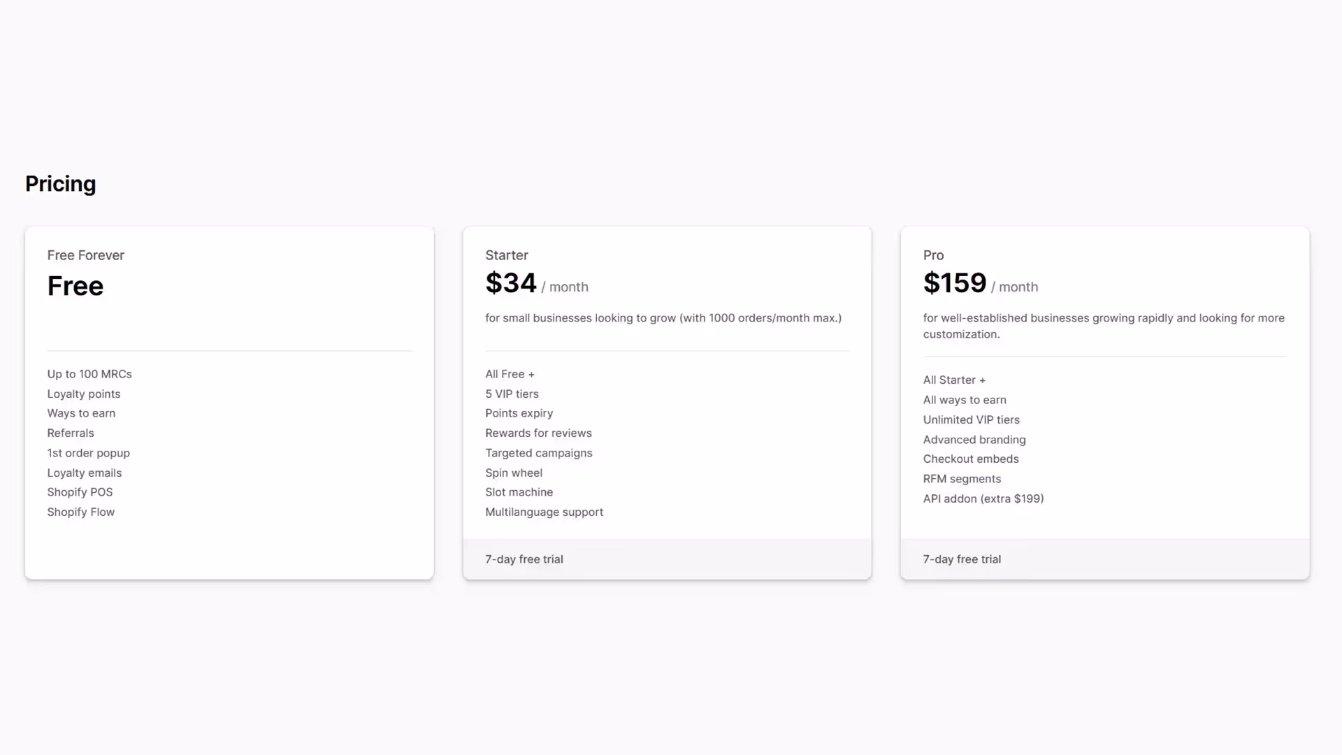 Rivo pricing plans showing Free, Starter at $34/month, and Pro at $159/month with features like VIP tiers, Shopify POS, and gamification tools