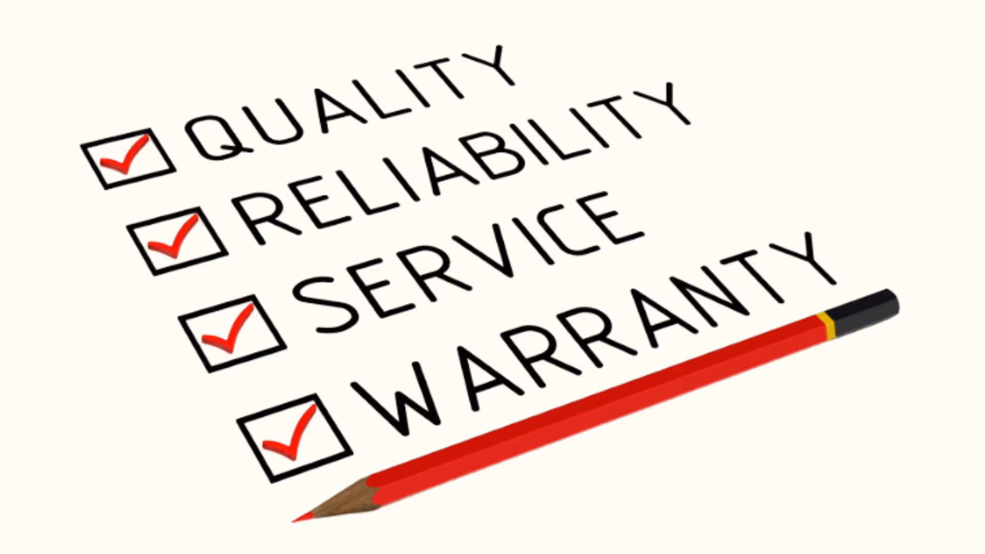 Checklist with warranty ticked for Quality, reliability, service, and warranty