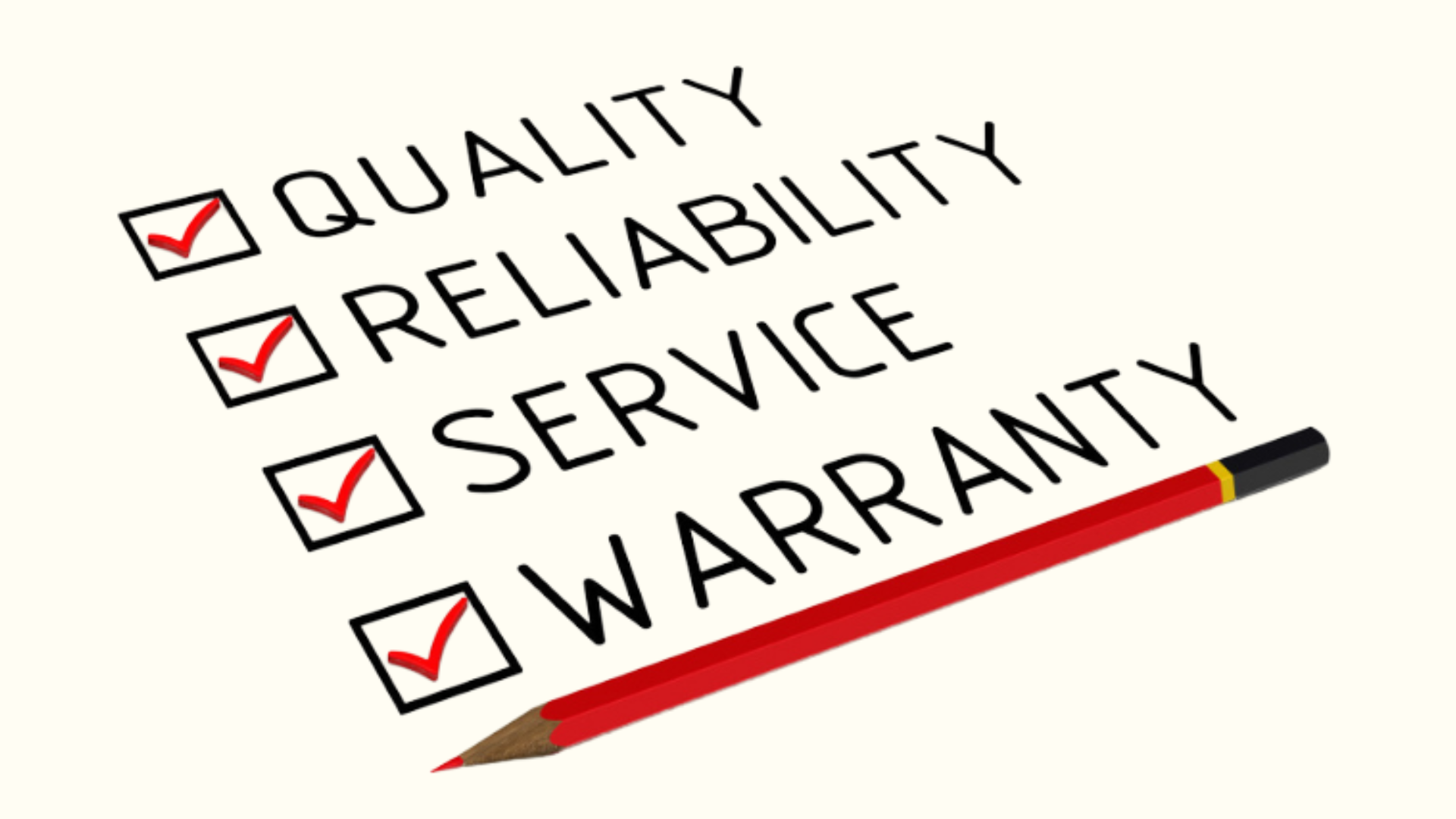 Checklist with warranty ticked for Quality, reliability, service, and warranty