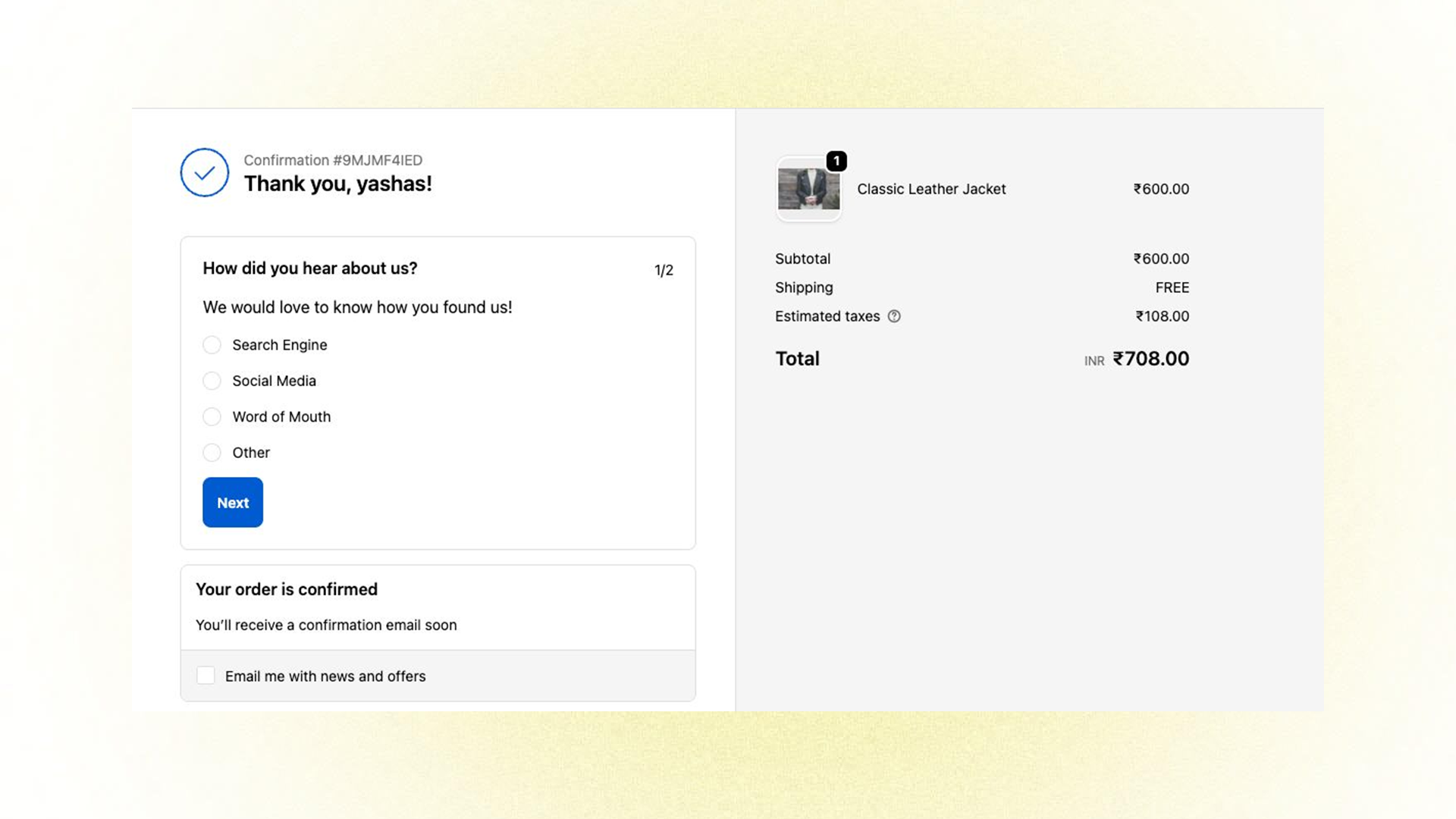 Post-purchase survey displayed on Shopify thank you page after order confirmation