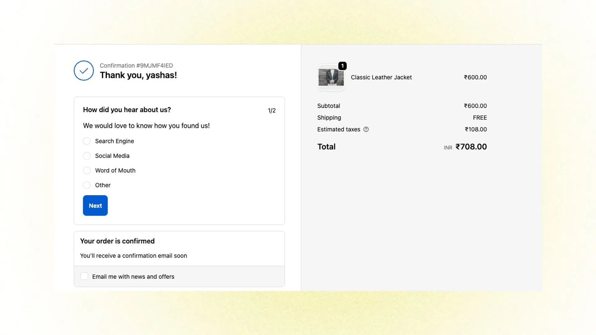  Post-purchase survey displayed on Shopify thank you page after order confirmation