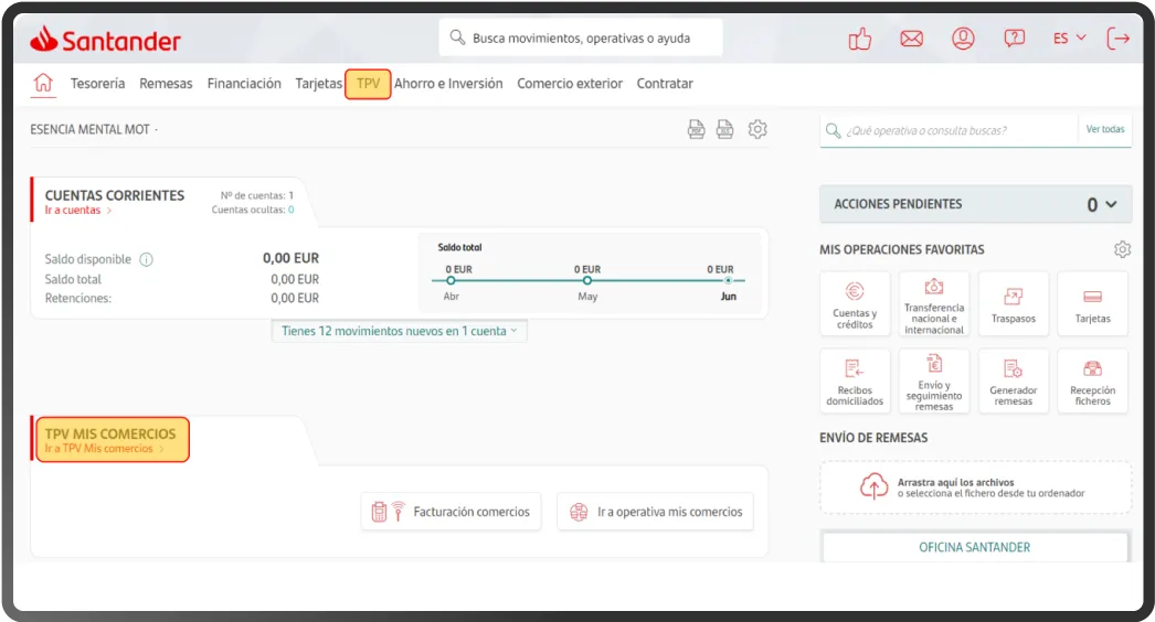 Pantalla de banca online Santander