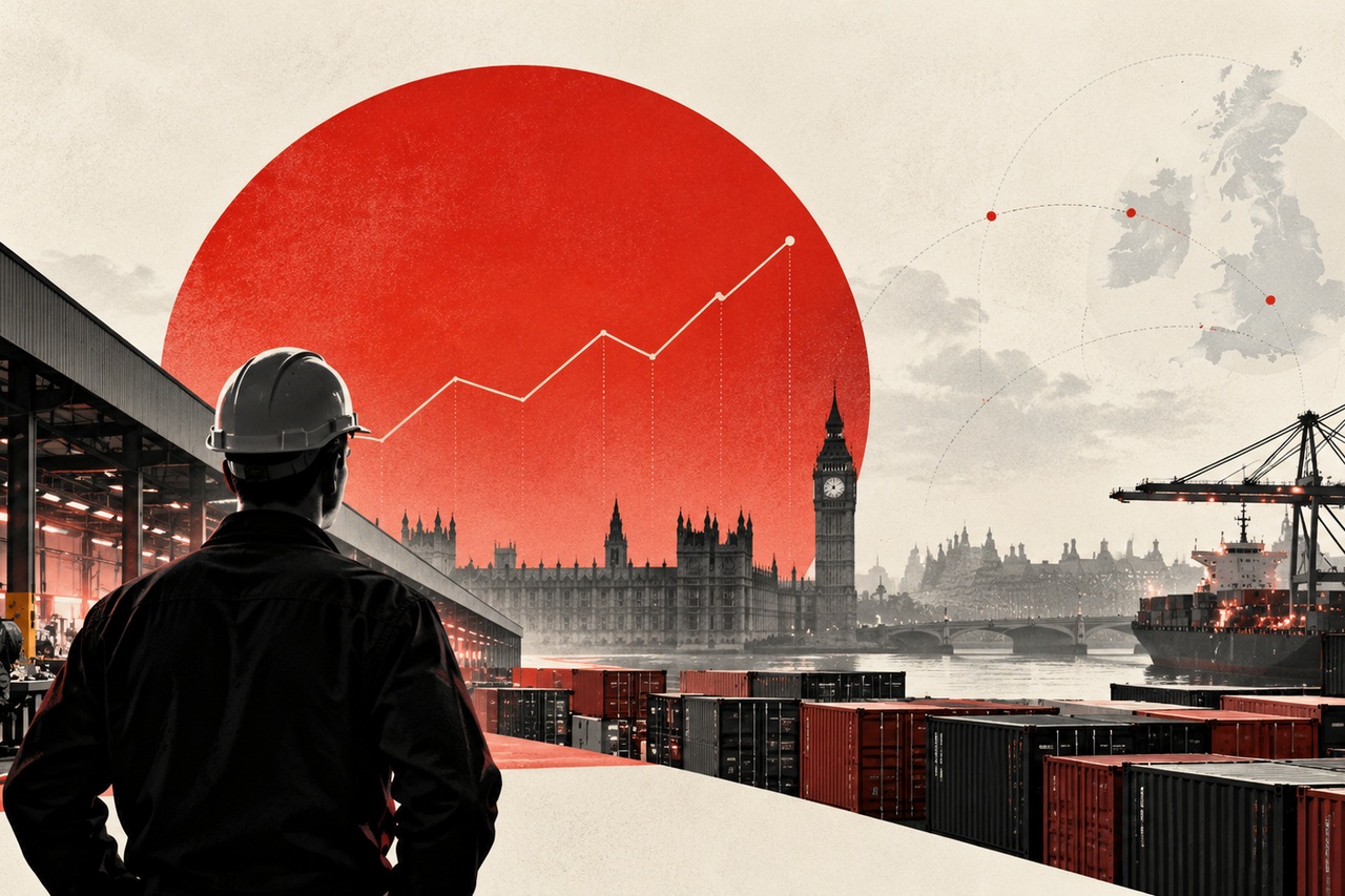 A manufacturing buyer in the UK looking at the rising sun and London skyline