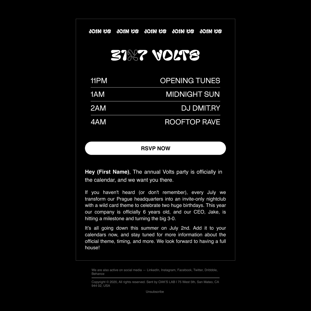 Email marketing design for the Volts party.