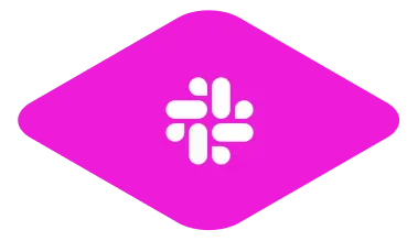 White data analytics icon with bars and plus signs on a magenta diamond-shaped background.