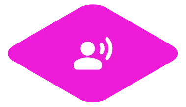 White user profile icon with sound waves on a bright pink diamond-shaped background.