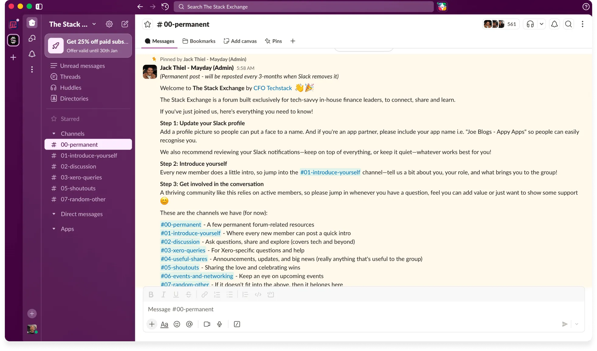 Slack workspace view of The Stack Exchange channel #00-permanent showing a welcome message with steps to update profile and participate, plus a list of channels on the sidebar.