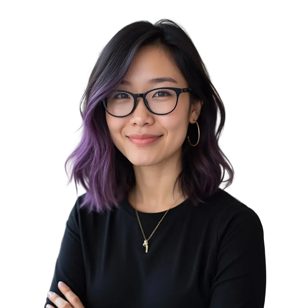 Young woman with black-rimmed glasses and purple-ombre hair smiling, wearing a black top and gold hoop earrings.