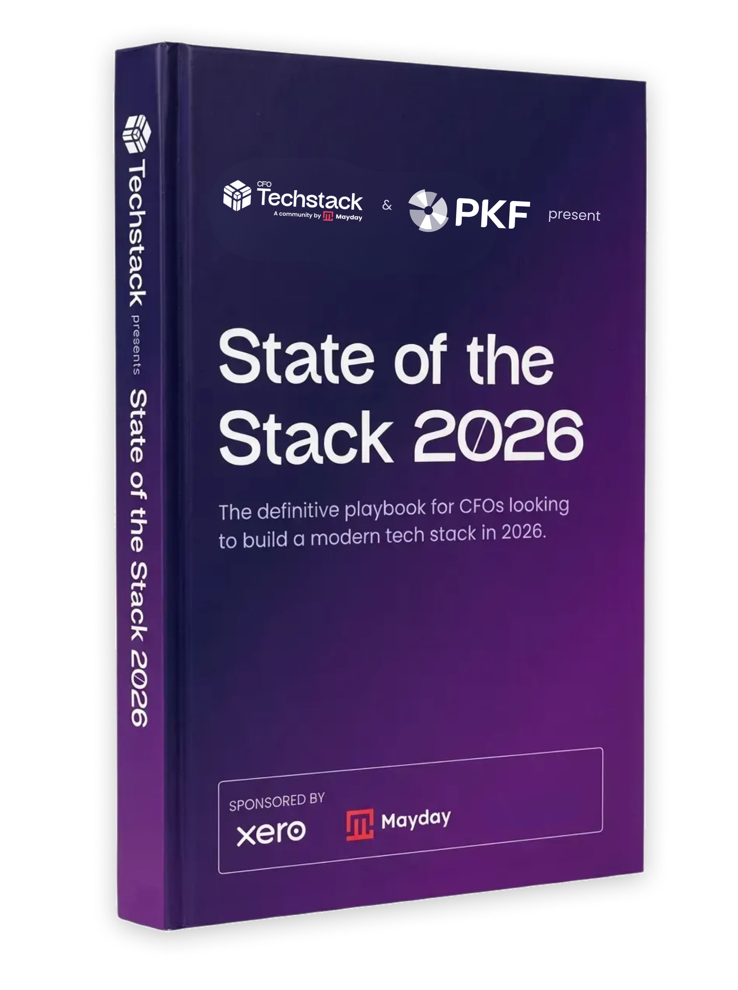 Book titled 'State of the Stack 2026' by CFO Techstack, a playbook for CFOs on building a modern tech stack, sponsored by Xero, Mayday, and GrowCFO.
