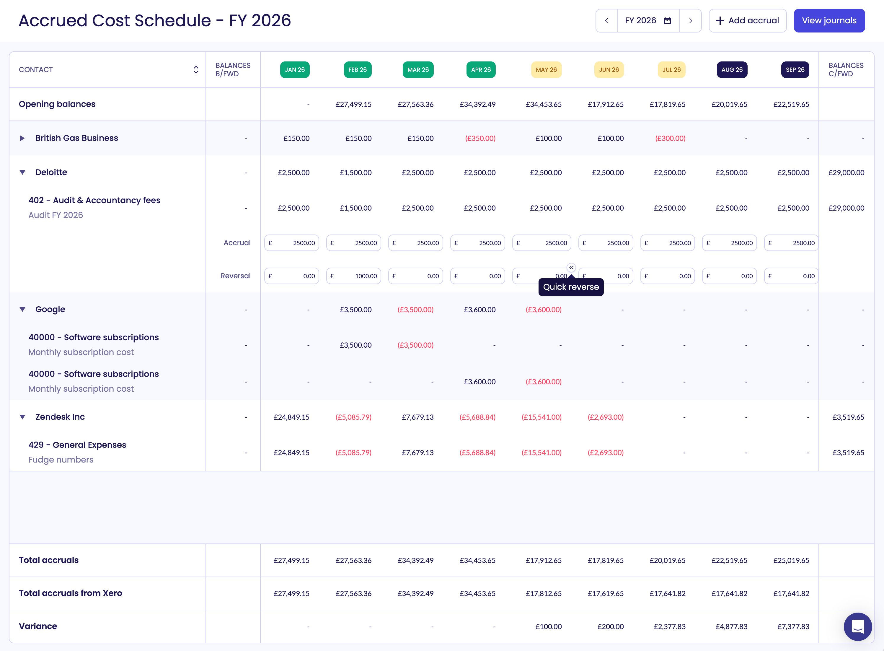 Deferred revenue schedule posting journal dated 31 Jul 2025 showing descriptions, account codes, tax status, debit and credit amounts totaling A$478.58 in a web application interface.