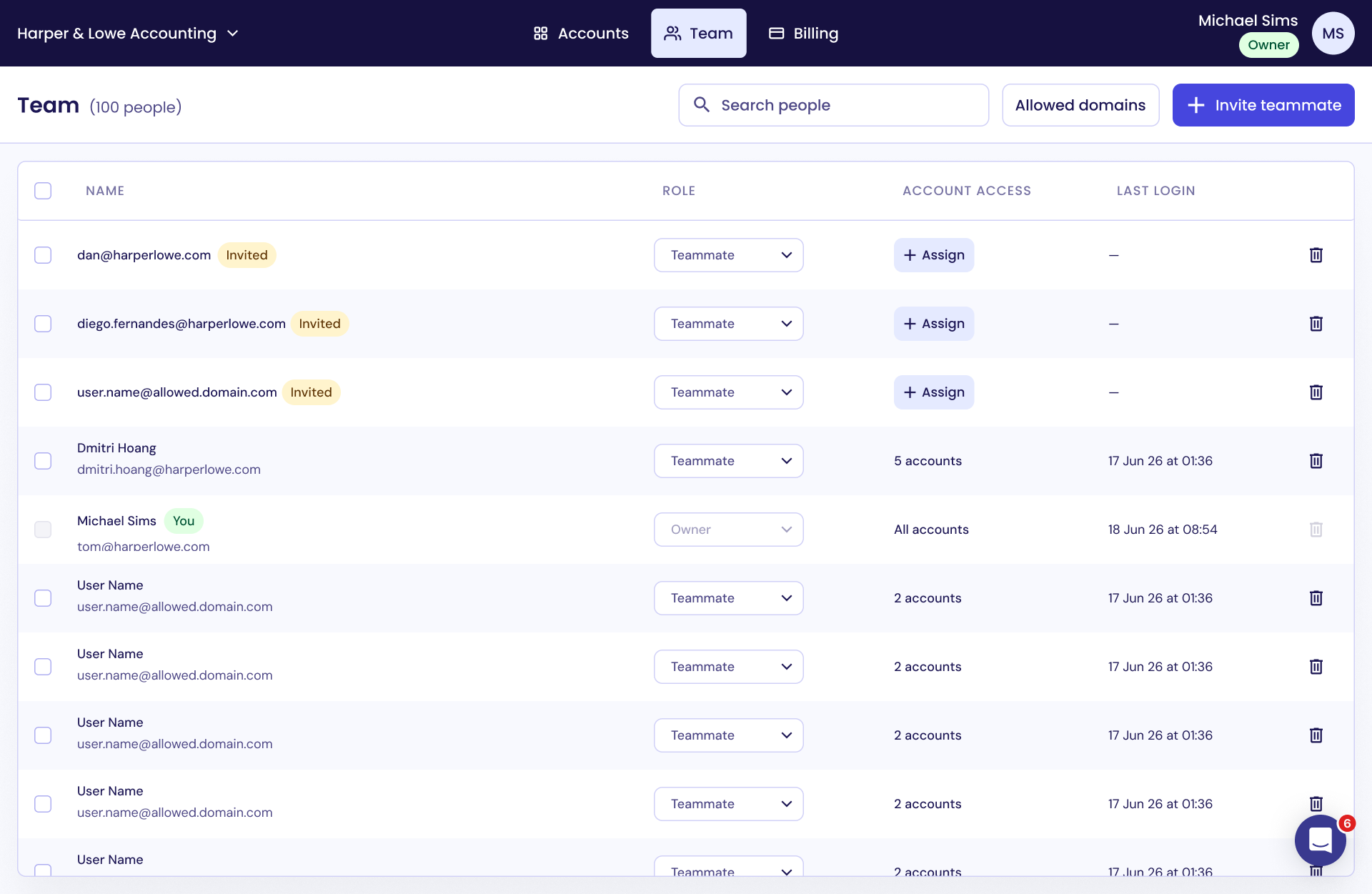 Webpage showing a chart of accounts with columns for different company entities, listing account types such as Mayday Trust, Accounts Receivable, and Prepayments, with color-coded status indicators and options to create a new account.
