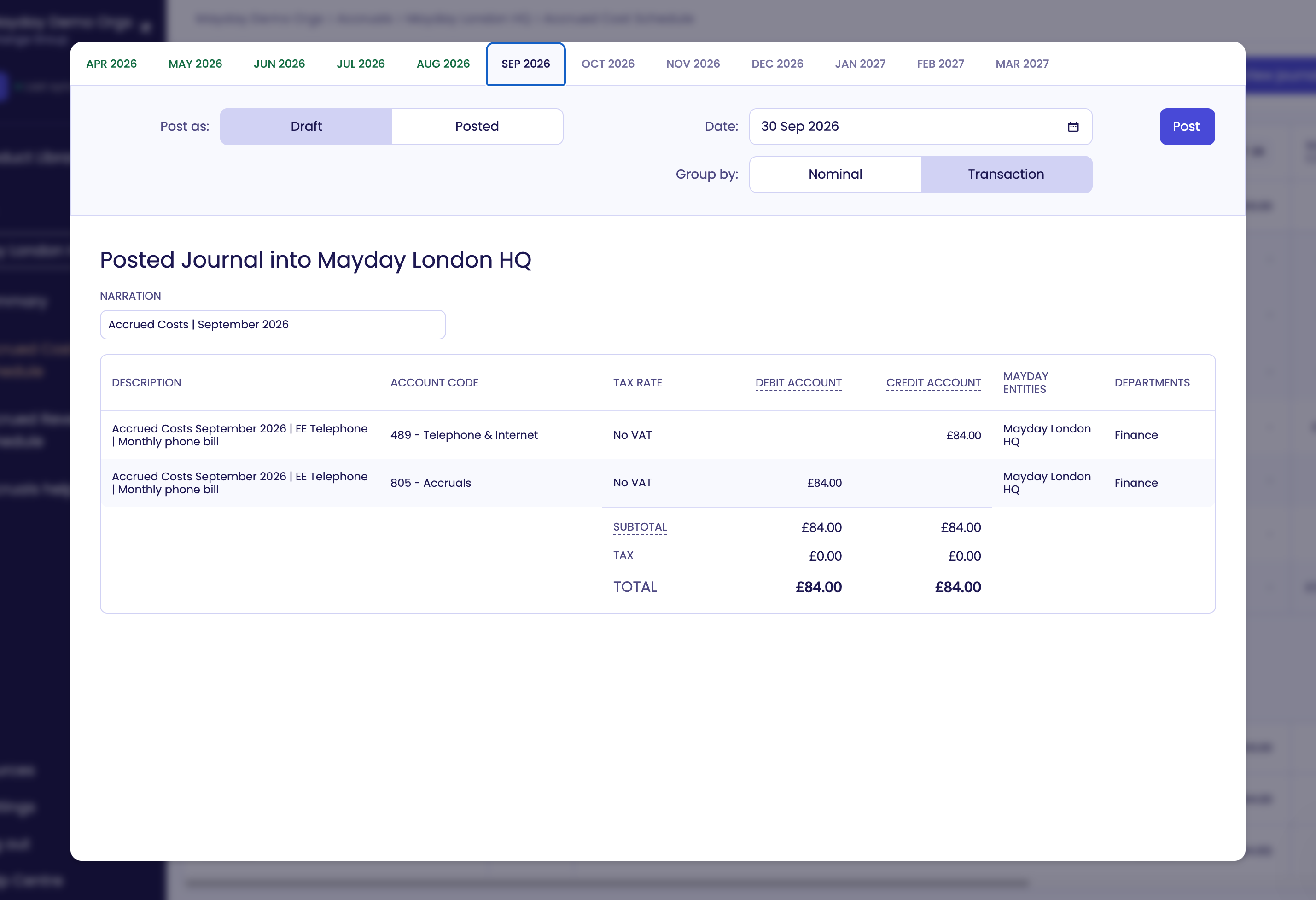 Deferred revenue schedule posting journal dated 31 Jul 2025 showing descriptions, account codes, tax status, debit and credit amounts totaling A$478.58 in a web application interface.