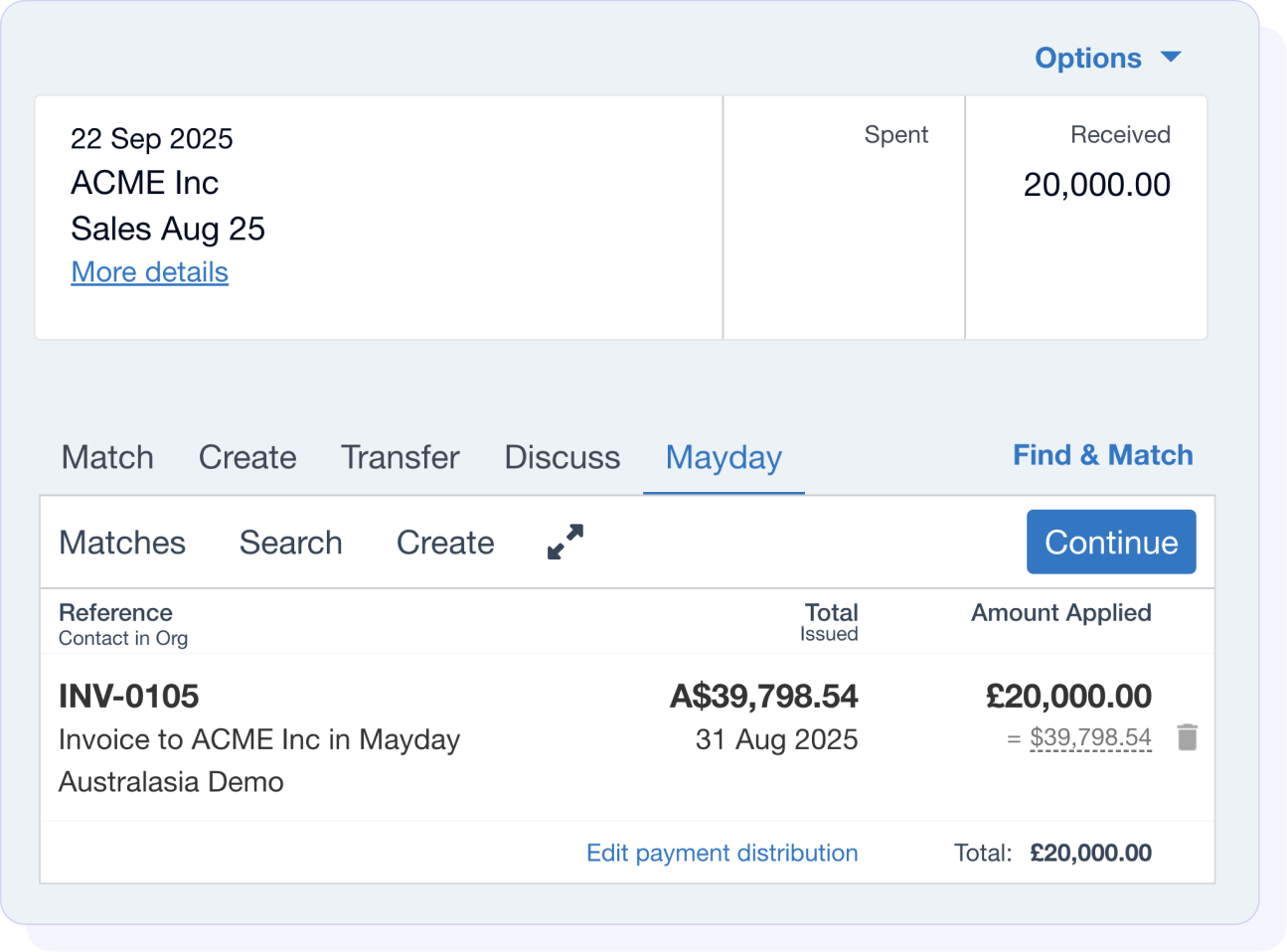 BRAG in Xero's bank rec screen matching a £20,000 receipt in one organisation to an invoice posted in another group entity.