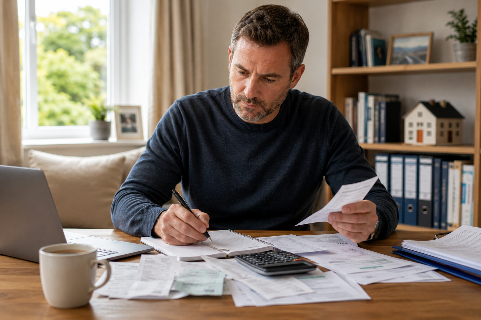 Landlord reviewing rental property expenses and tax records at a home office desk, organising receipts and financial documents to prepare rental income accounts and tax return calculations.