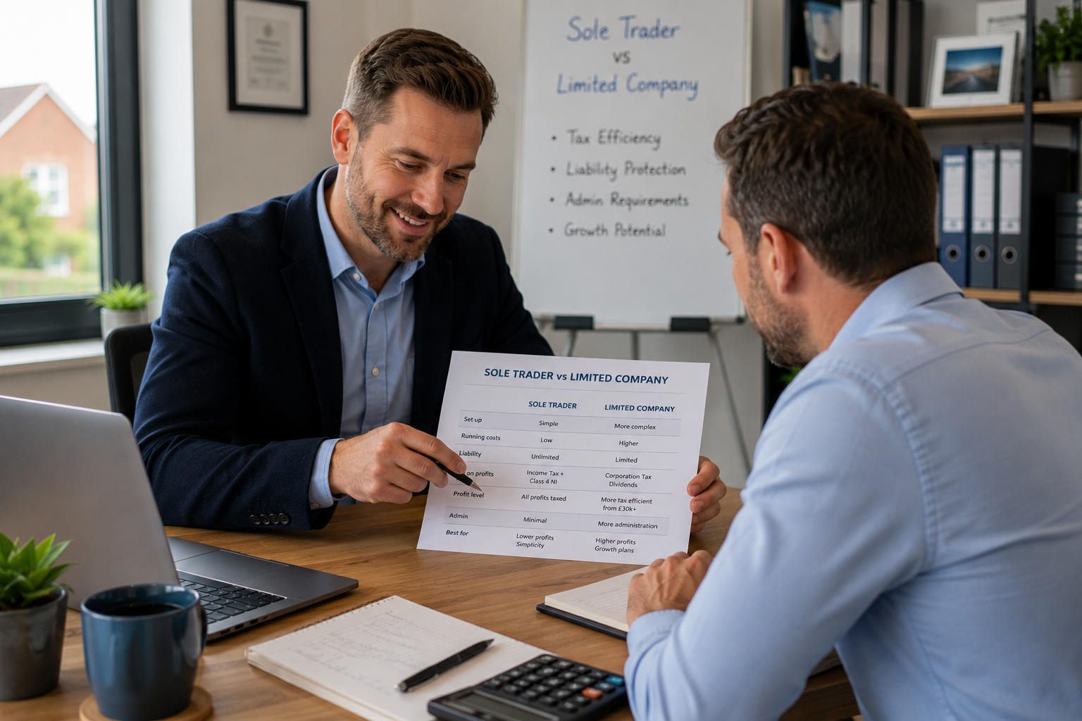 Business owner meeting with an accountant to compare sole trader and limited company structures, reviewing tax, liability and business growth considerations in a professional office setting.