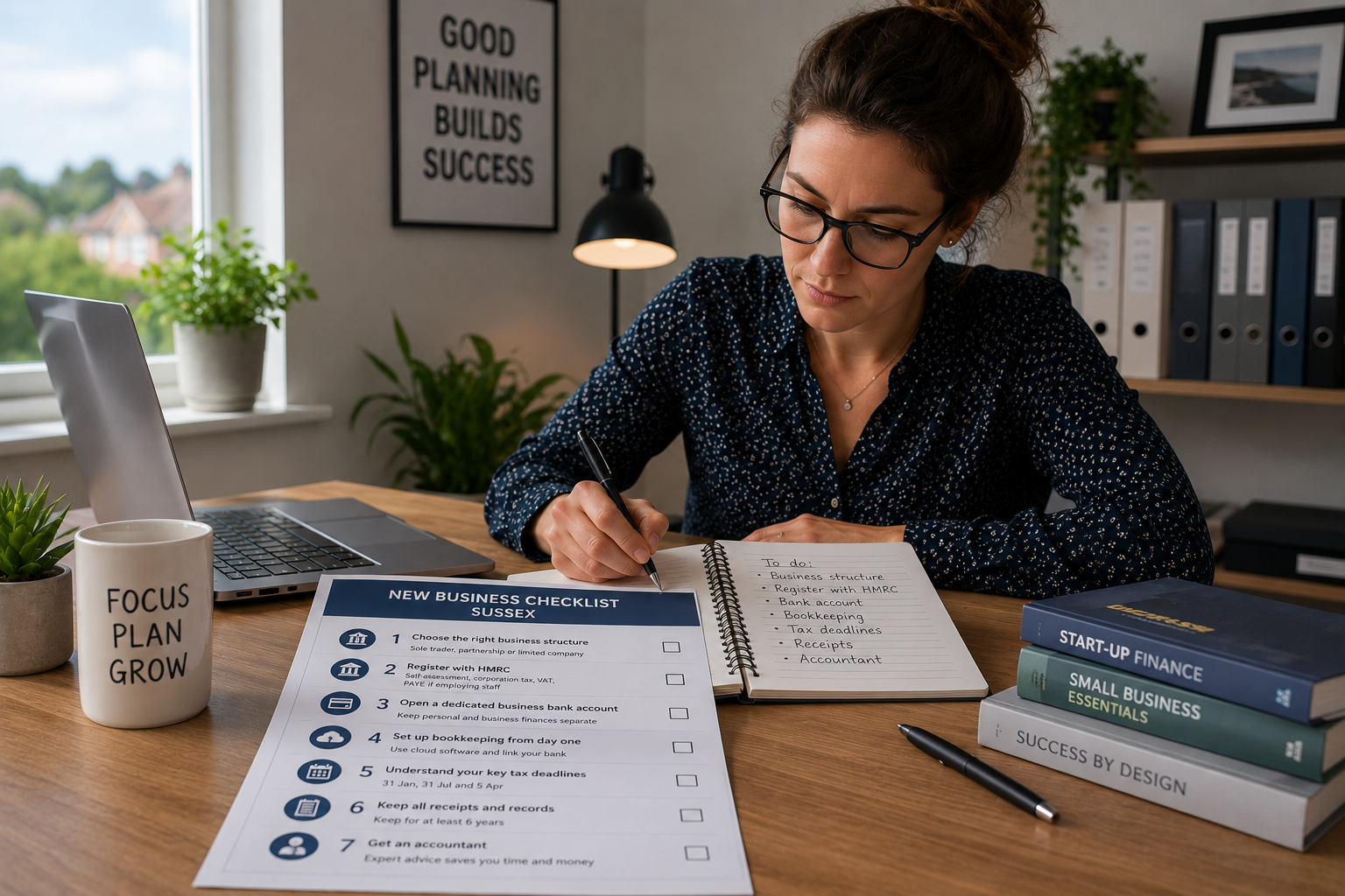 New business owner planning a start-up launch from a home office, reviewing business registration, bookkeeping and tax obligations while creating a checklist for setting up a successful business.