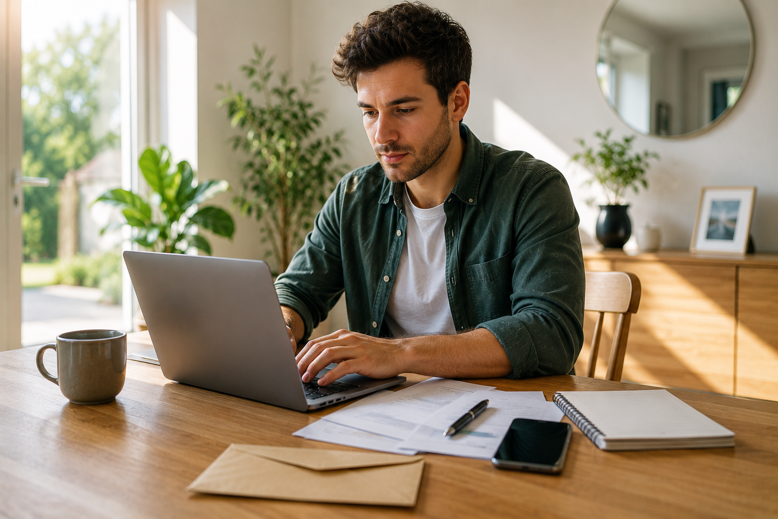 New business owner registering for self-assessment online, organising business records and tax information while setting up HMRC registration from a home office environment.
