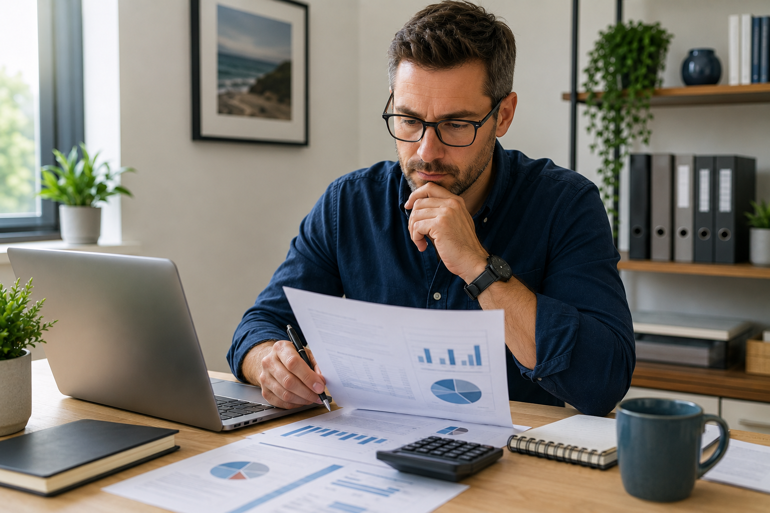 Company director reviewing financial reports and year-end tax planning documents, assessing corporation tax reduction opportunities and business expenses in a modern office setting.