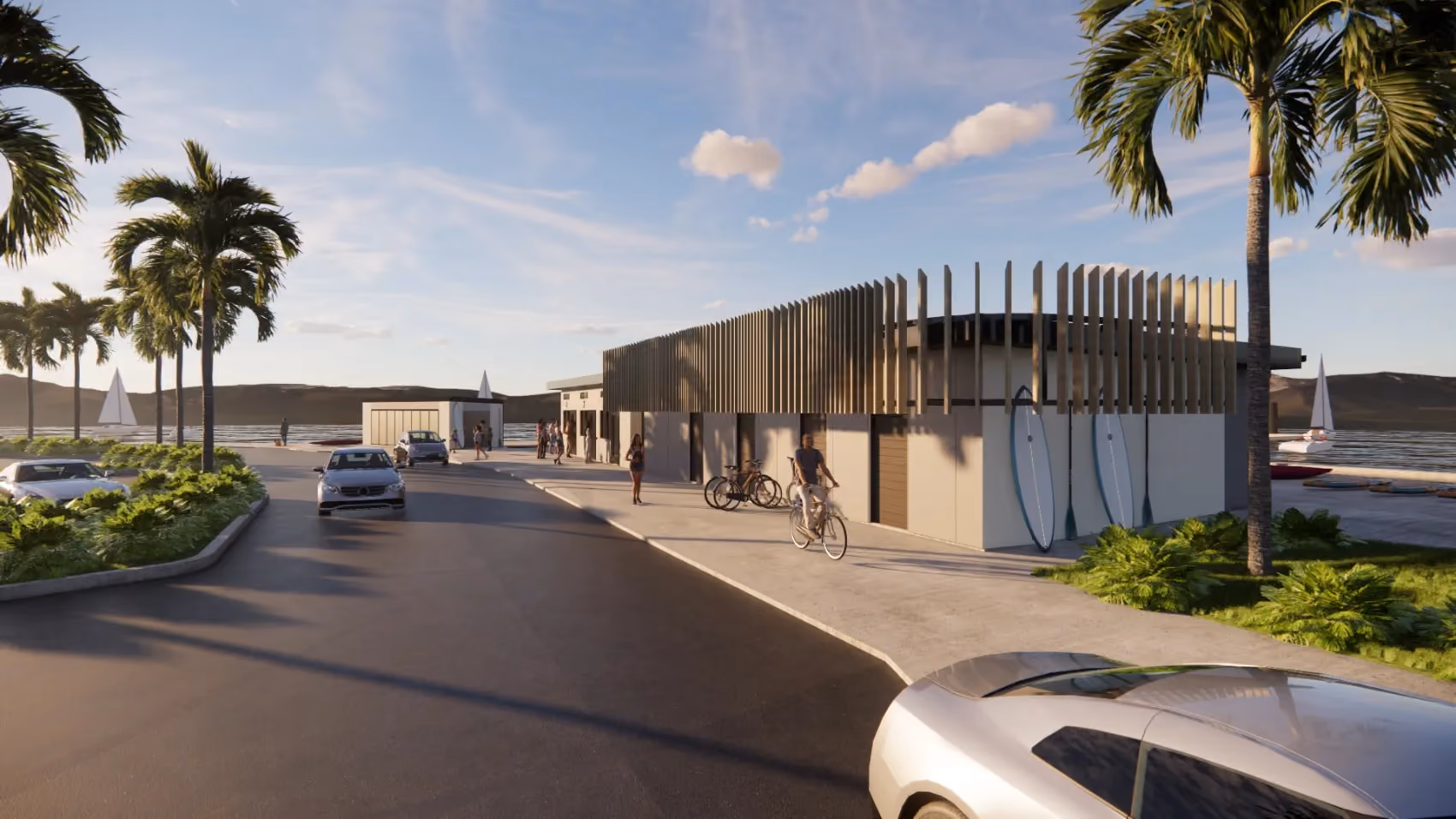 A commercial building designed on the sunshine coast with people riding bikes and standing around
