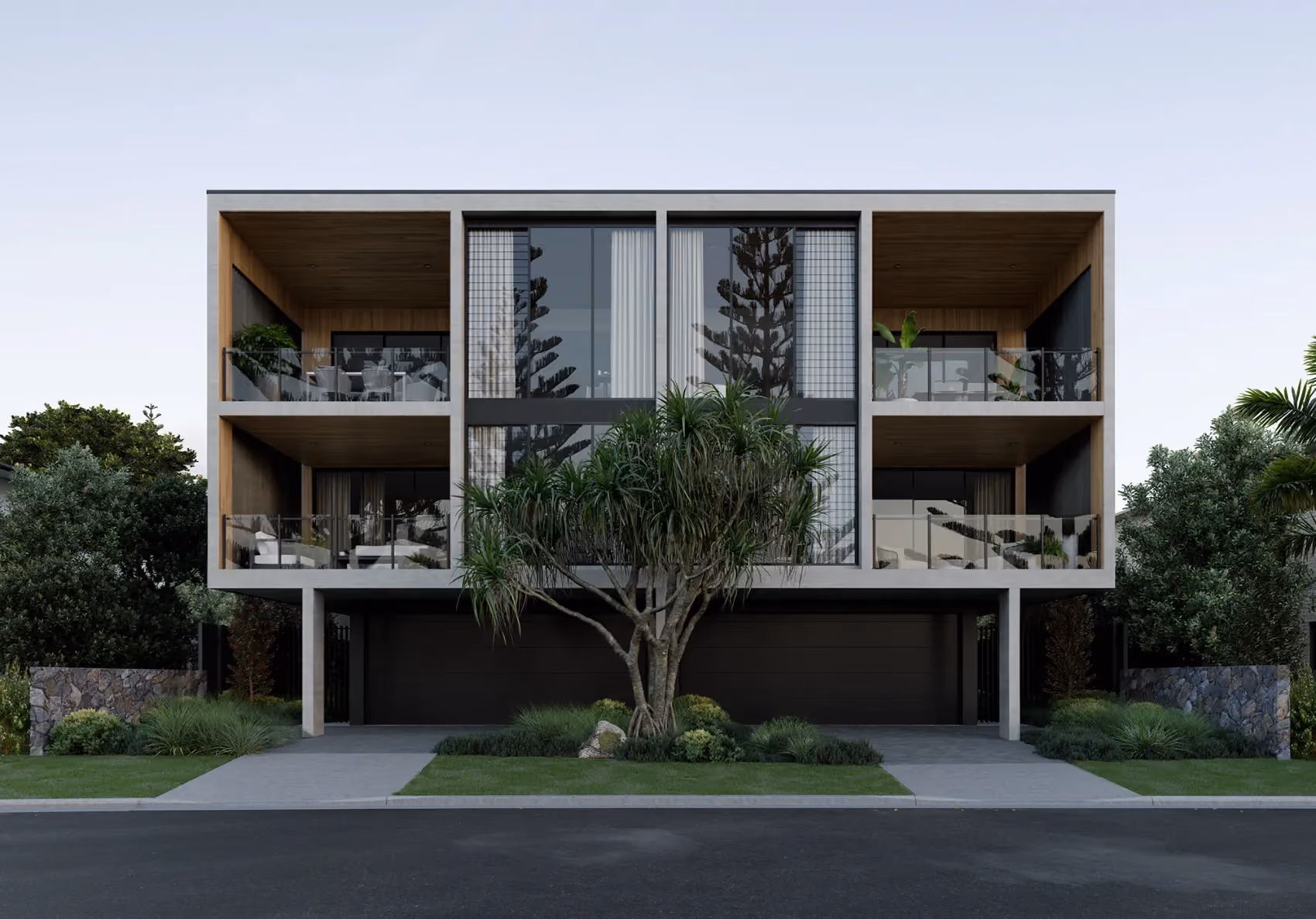 Contemporary three-storey townhouse with glass balconies, landscaped gardens, and modern architecture.