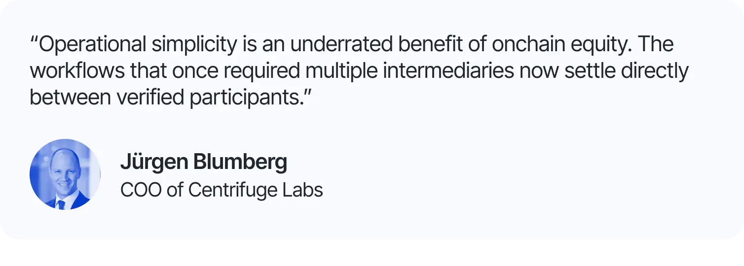 Quote by Jürgen Blumberg, COO of Centrifuge Labs, on the operational simplicity and efficiency of onchain equity eliminating intermediaries.