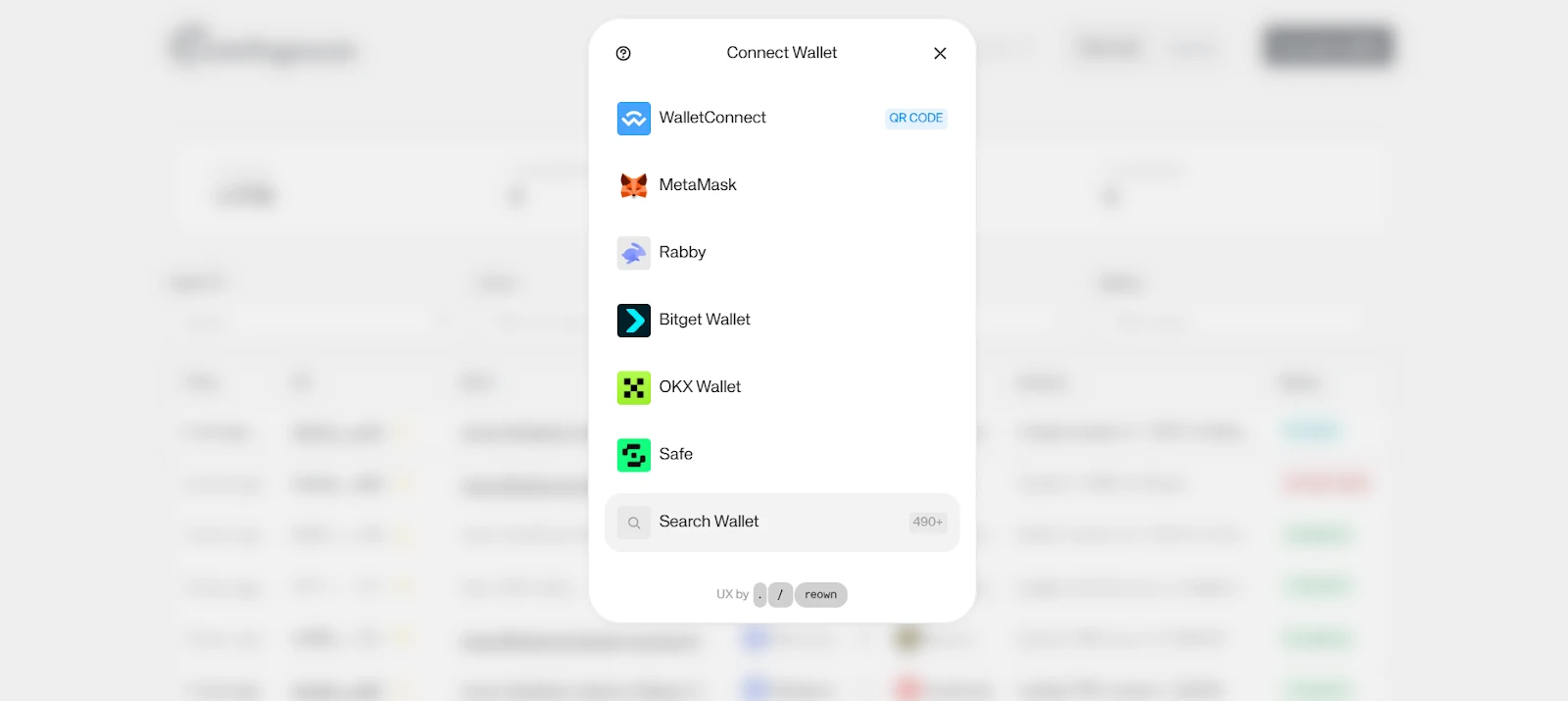 Centrifugescan wallet connection modal with options such as WalletConnect, MetaMask, Rabby, Safe, and other wallets, allowing users to connect and monitor live cross-chain activity on mainnet.
