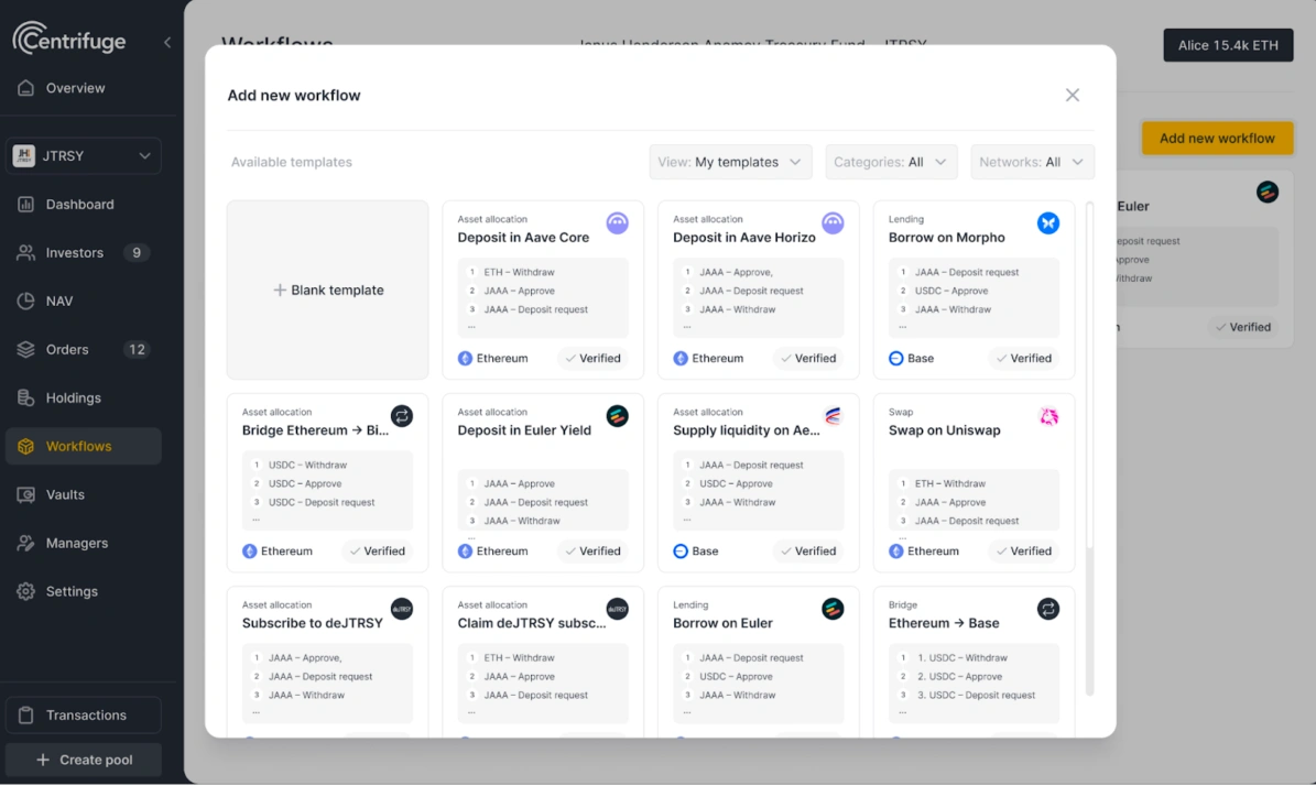 Centrifuge Management App workflow templates panel showing pre-built strategies including Deposit in Aave Core, Deposit in Aave Horizn, Borrow on Morpho, Bridge Ethereum to Base, Deposit in Euler Yield, Supply Liquidity on Aerodrome, Swap on Uniswap, and Subscribe to deJTRSY — each with step-by-step actions, network labels, and verification status.