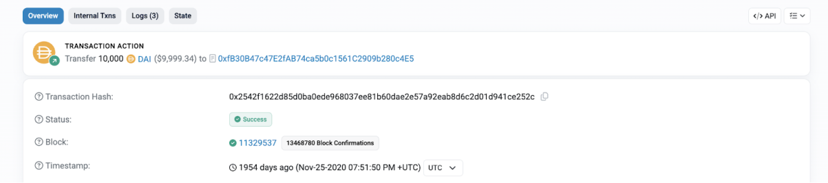 Etherscan transaction view showing a transfer of 10,000 DAI worth $9,999.34 to address 0xfB30B47c47E2fAB74ca5b0c1561C2909b280c4E5. Status: Success. Block 11329537 with 13,468,780 confirmations. Timestamp November 25, 2020, 07:51:50 PM UTC, 1954 days ago.