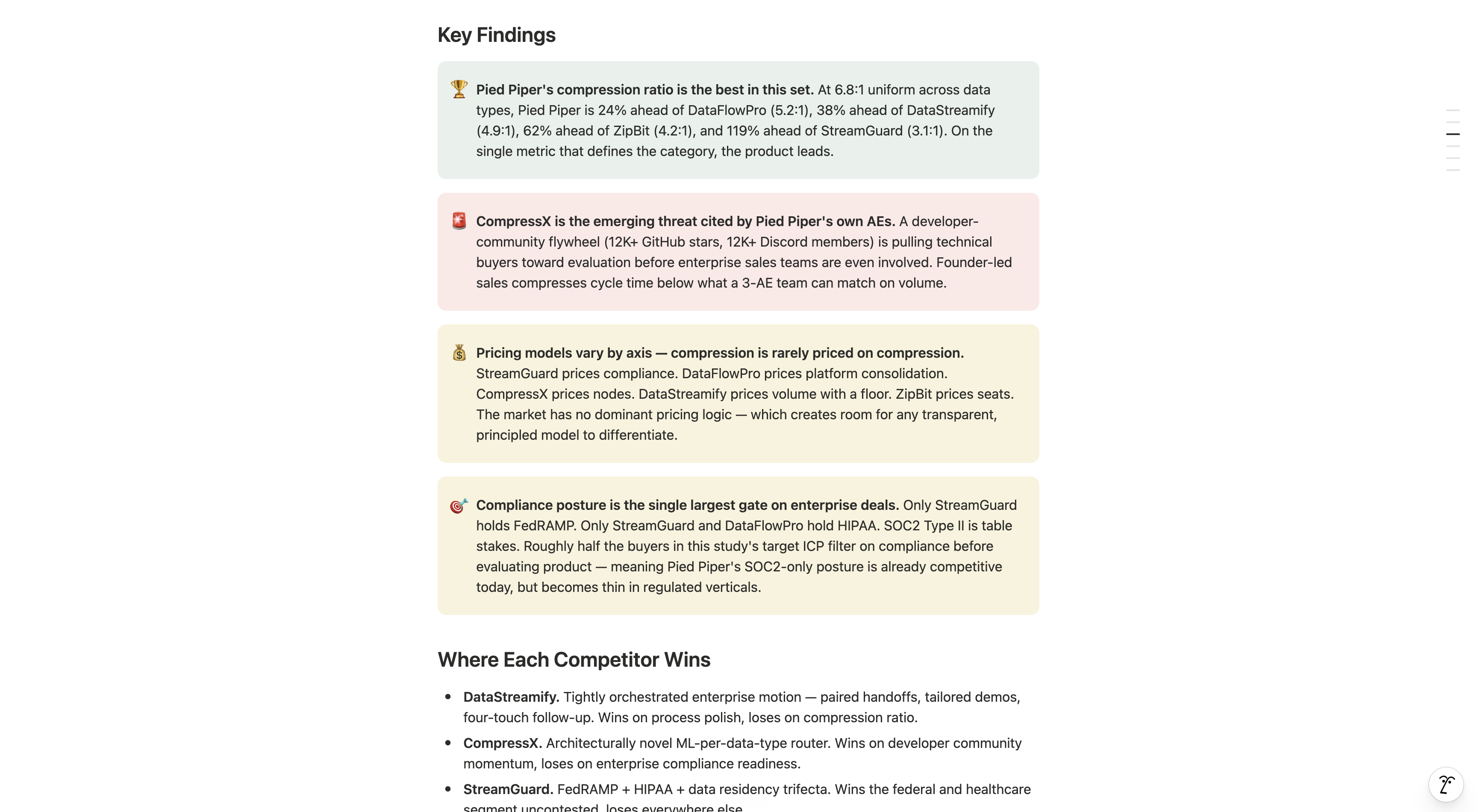 Key findings callouts in a Mystery Demo executive summary, each naming the vendor evidence behind it