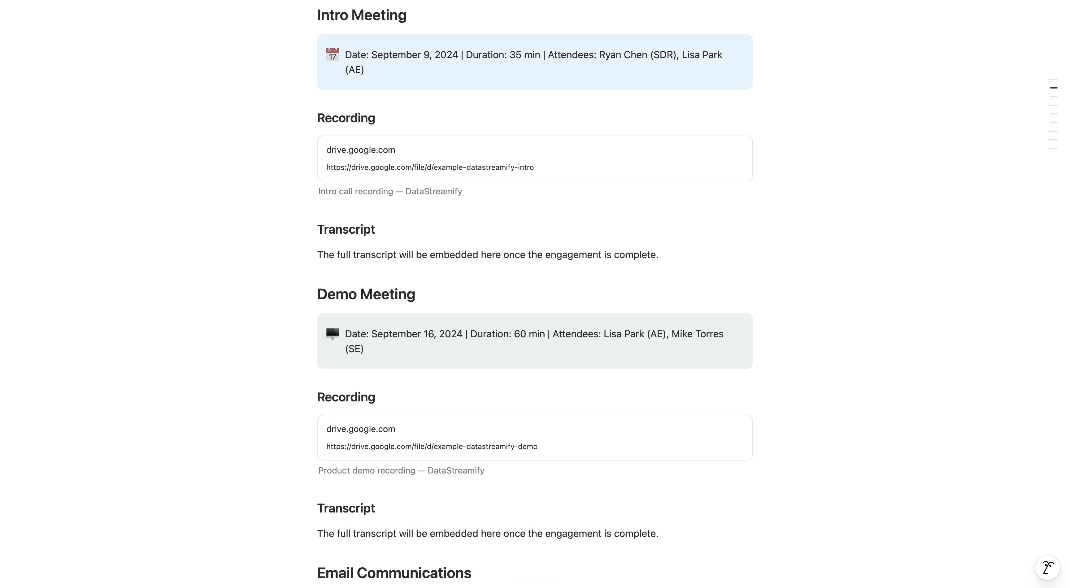 Meeting sections of a per-vendor Mystery Demo page, each intro and demo call carrying its own recording link and transcript
