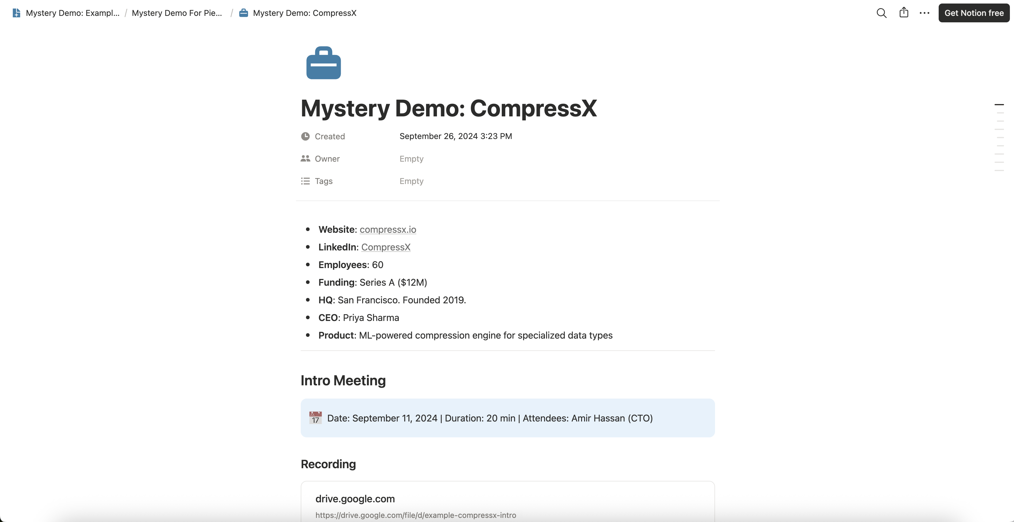 A per-vendor Mystery Demo page: company facts, the intro meeting with date and attendees, and the session recording embedded beneath it