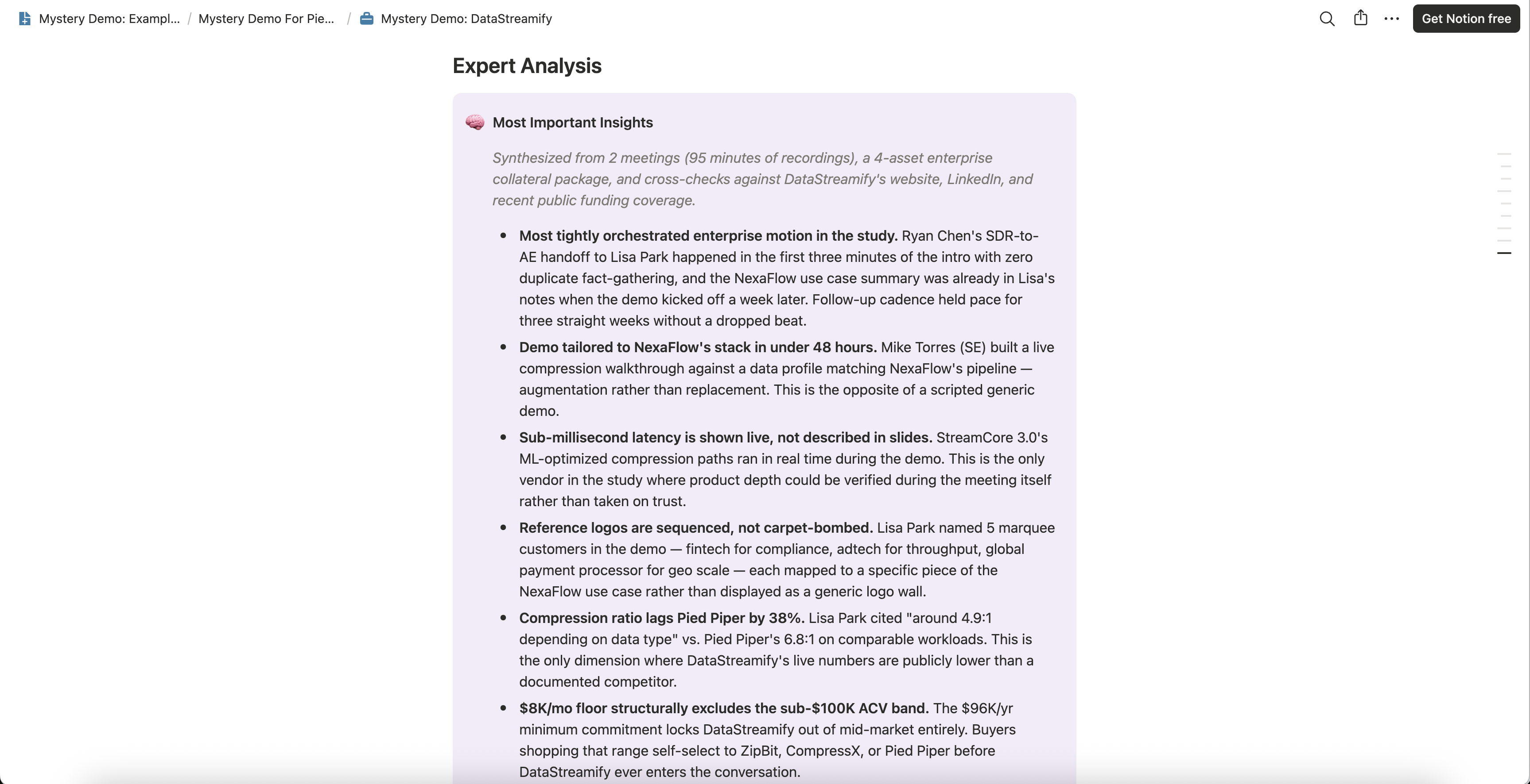 Expert Analysis on a per-vendor Mystery Demo page, each insight synthesized from the two recorded meetings and the collateral the vendor sent
