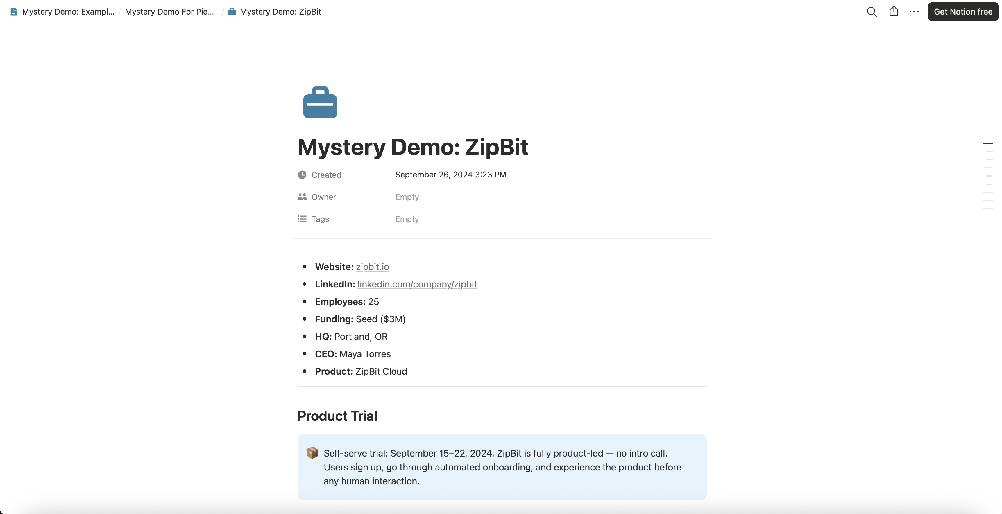 An example per-vendor page for a self-serve product where a Product Trial callout stands in place of an intro meeting, with the trial dates and the note that onboarding ran automated before any human contact