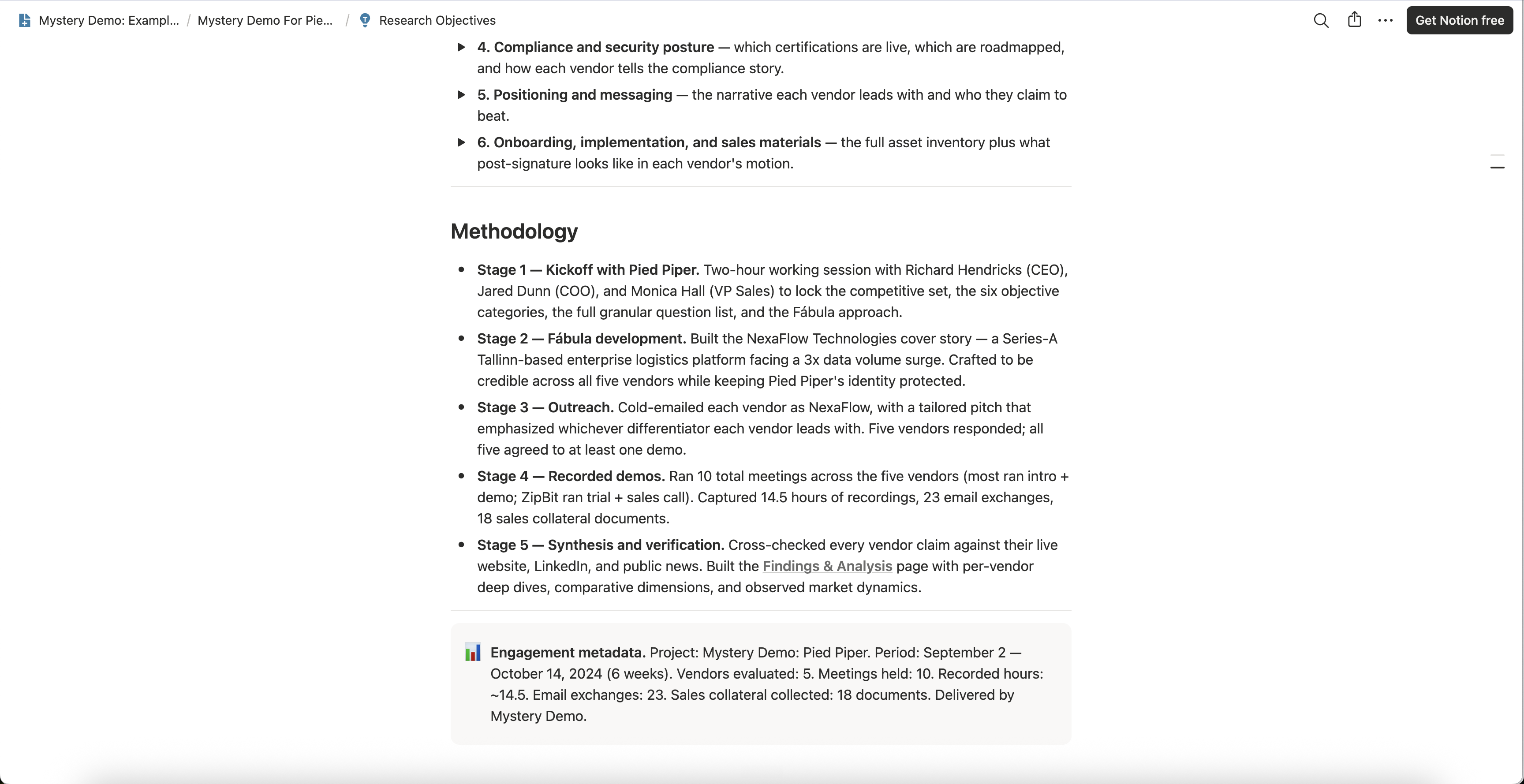 A Mystery Demo example board page listing research objectives beside the five stages of an engagement, from kickoff through recorded demos to synthesis.