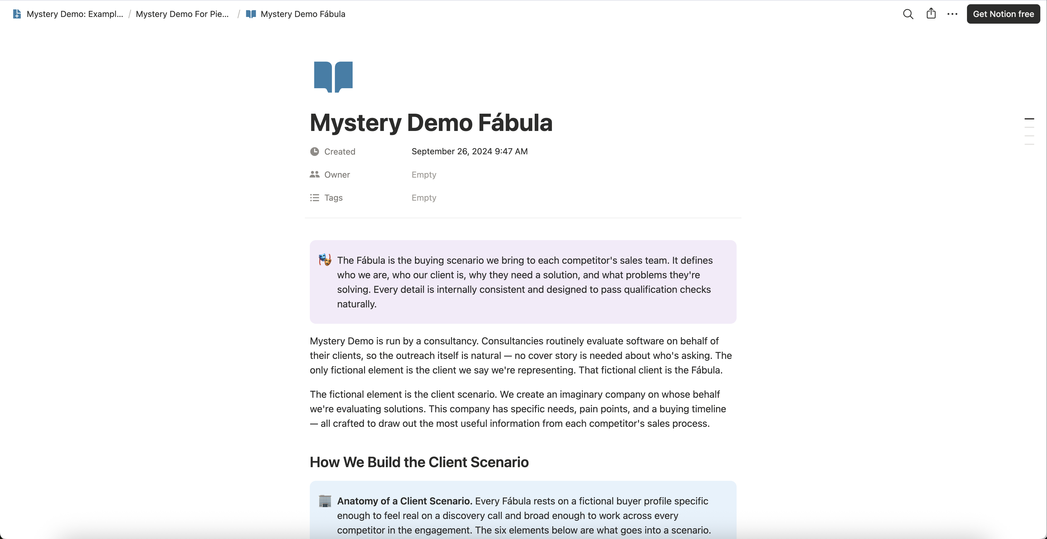 A Mystery Demo example board page explaining the fábula: the buying scenario carried into every competitor’s sales process, and the note that the only fictional element is the client being represented.